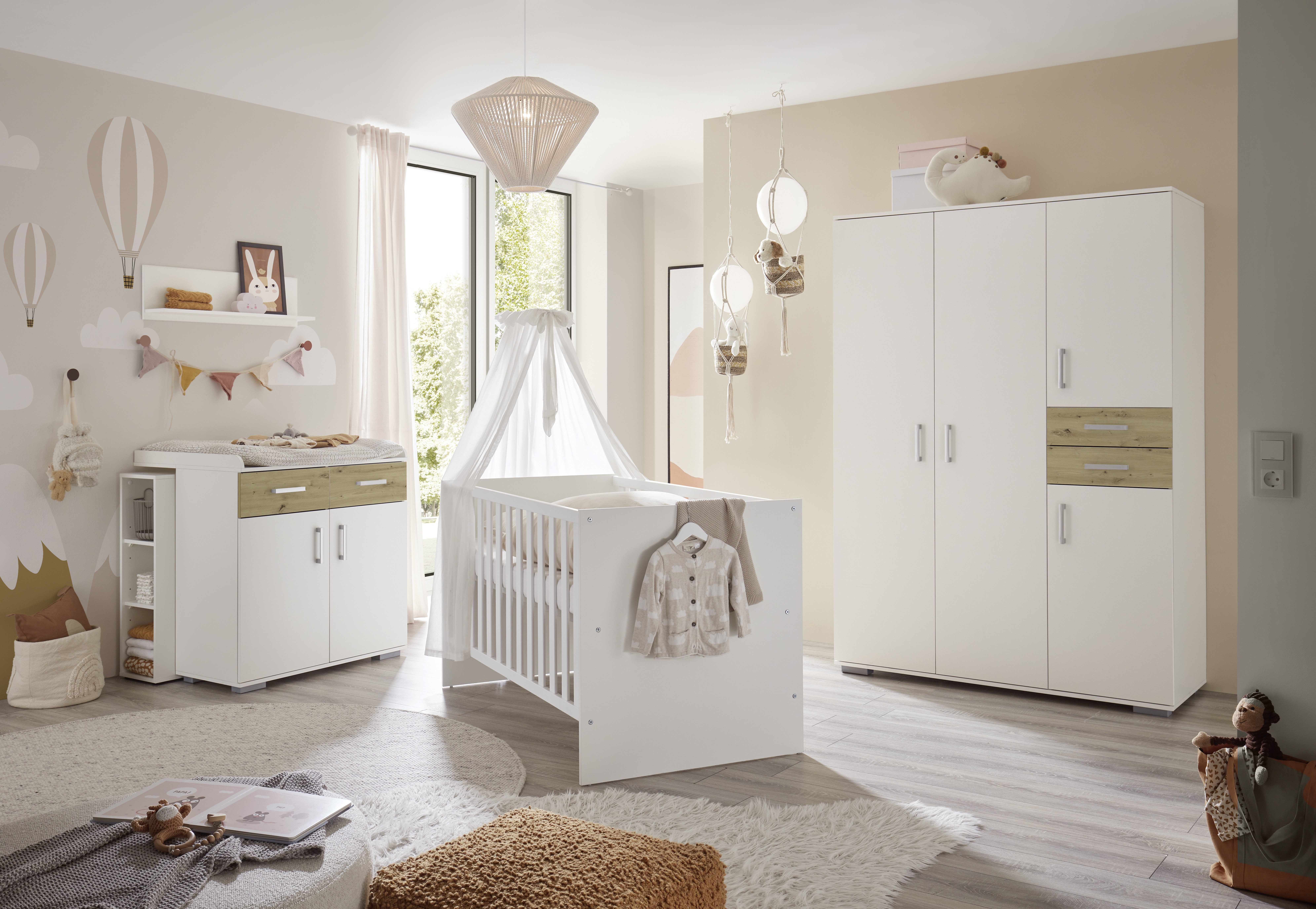 Storado Babymöbel-Set Sienna 7-teilig 70×140cm, Kinderzimmer-Set, Farbe wählbar, Mitwachsendes Babybett, Wickelkommode und geräumiger Schrank