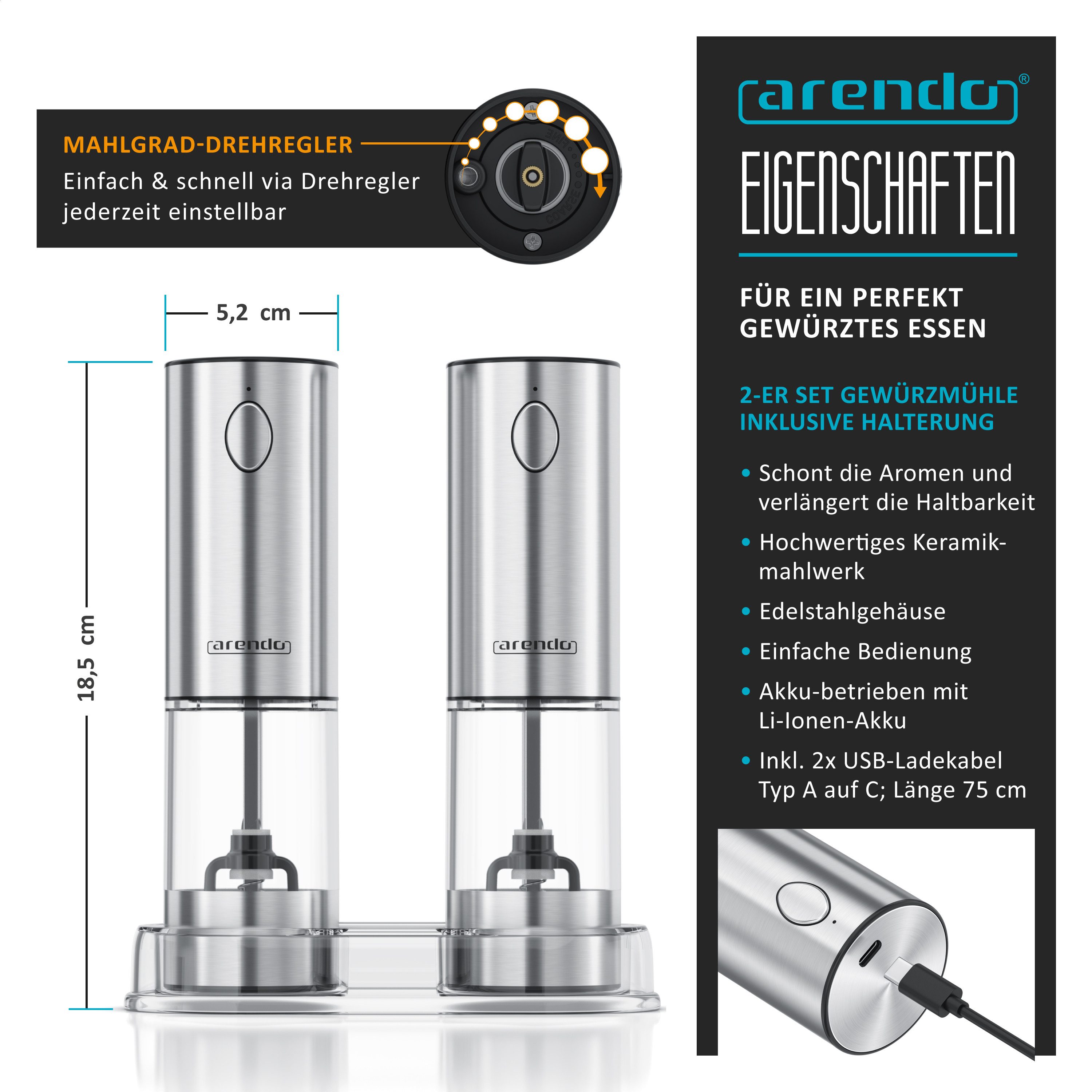Arendo Salz-/Pfeffermühle Elektrische Salzmühle & Pfeffermühle, stufenlos einstellbar, aufladbar Akku, (2 Stück), Edelstahl, Keramikmahlwerk, 2er Set, LED-Beleuchtung, Li-Ion Akku, USB