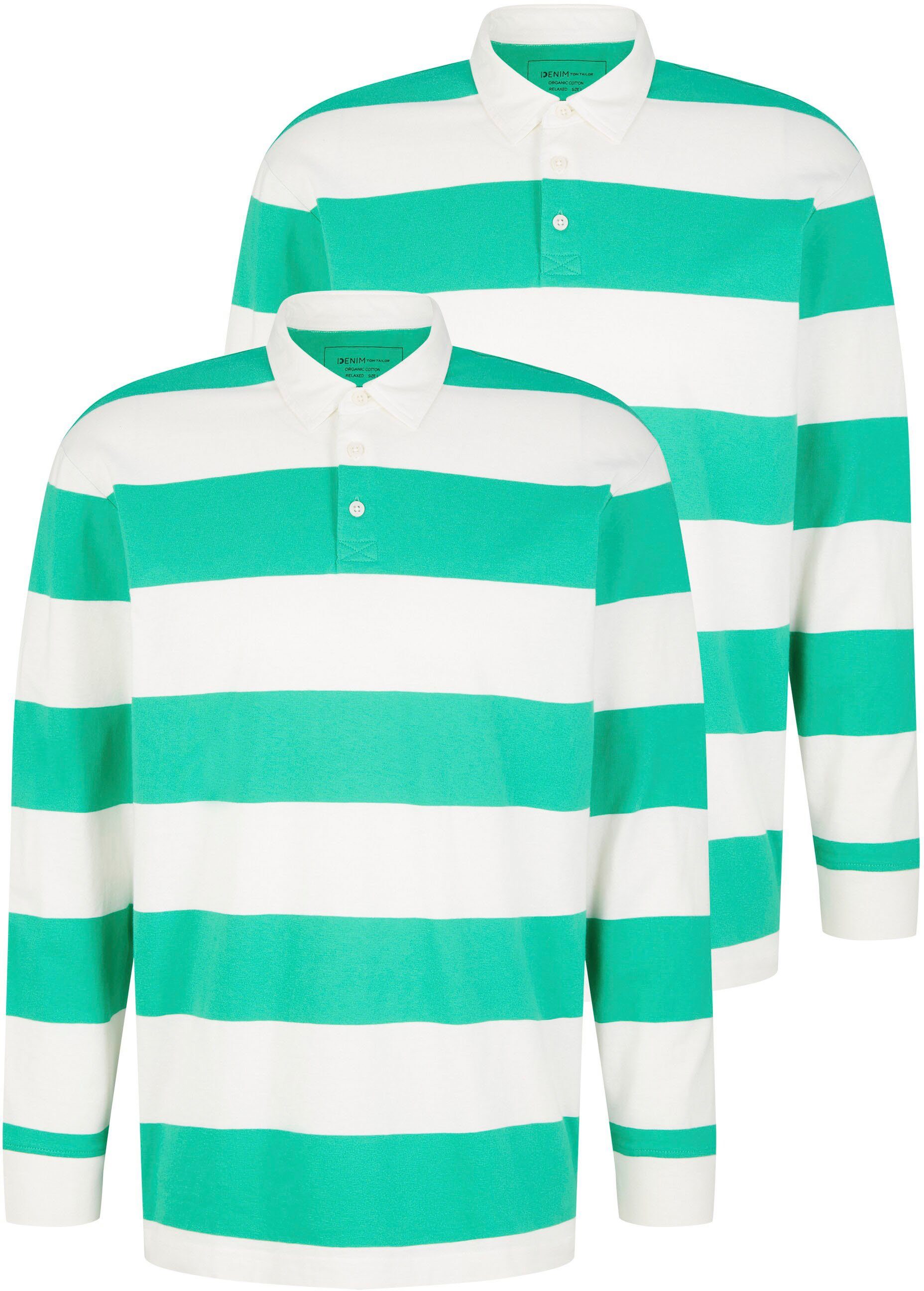 TOM TAILOR Denim Langarm-Poloshirt grün-weiß | Poloshirts