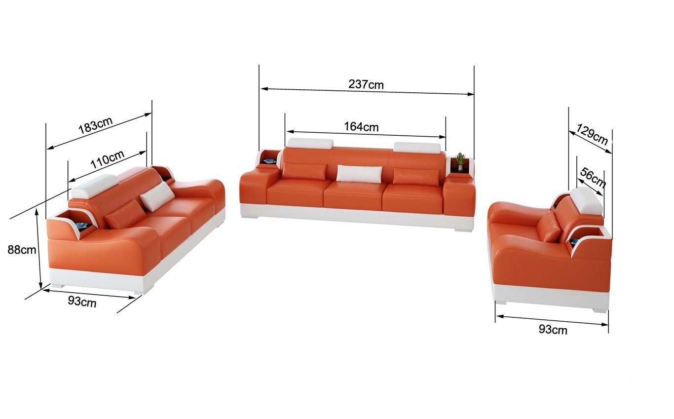 in Klassische Leder Couch Sitzer Sofa Made Gruppe, Orange/Weiß JVmoebel Sofa 3+2 Europe Sofa Polster Sofa