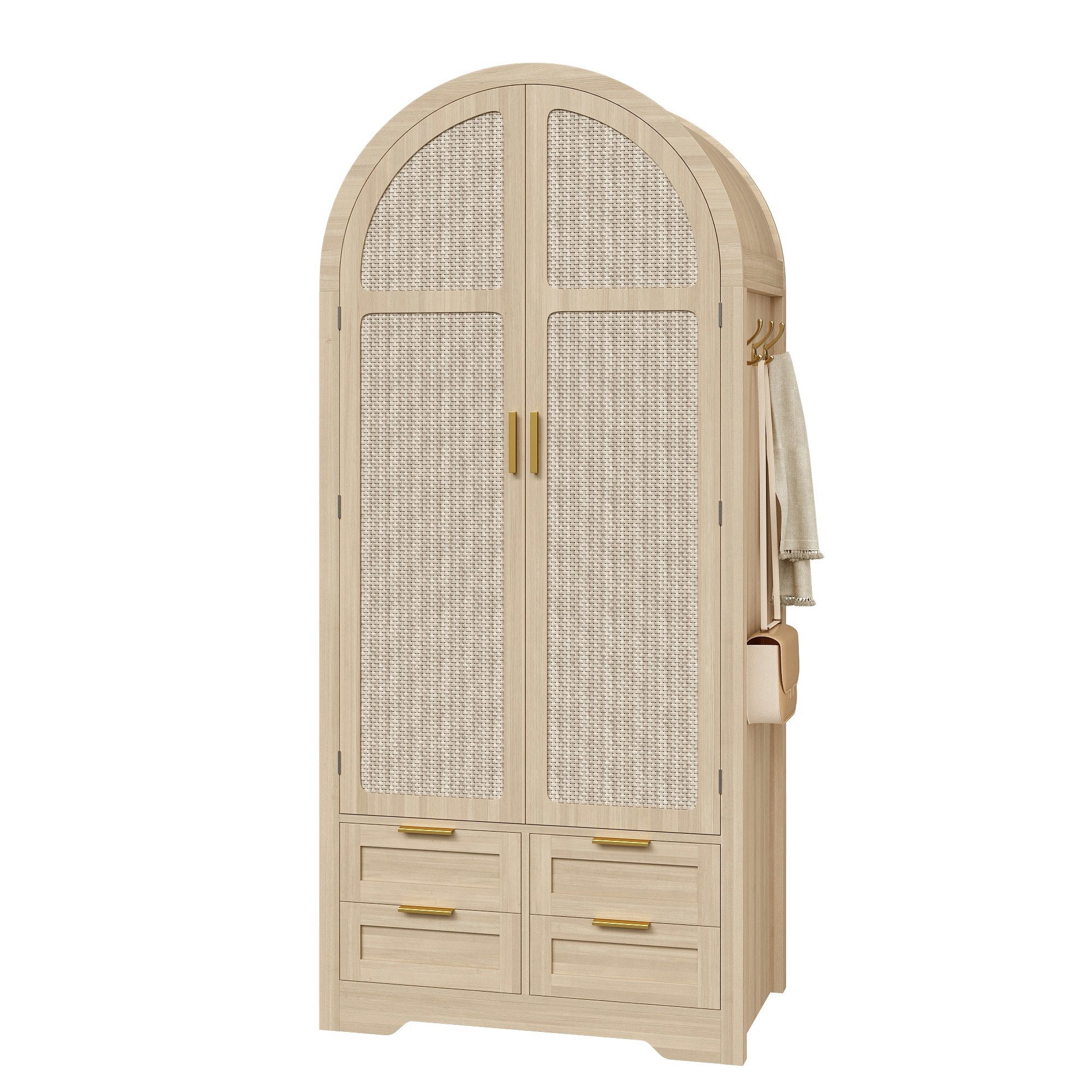 Merax Kleiderschrank mit Stofftüren, Schublade & Kleiderstange (Kommode, 1-St., für Gäste- & Ankleidezimmer) Garderobenschrank mit geschwungenen Türen & Rattanfront, 80x50x179 cm