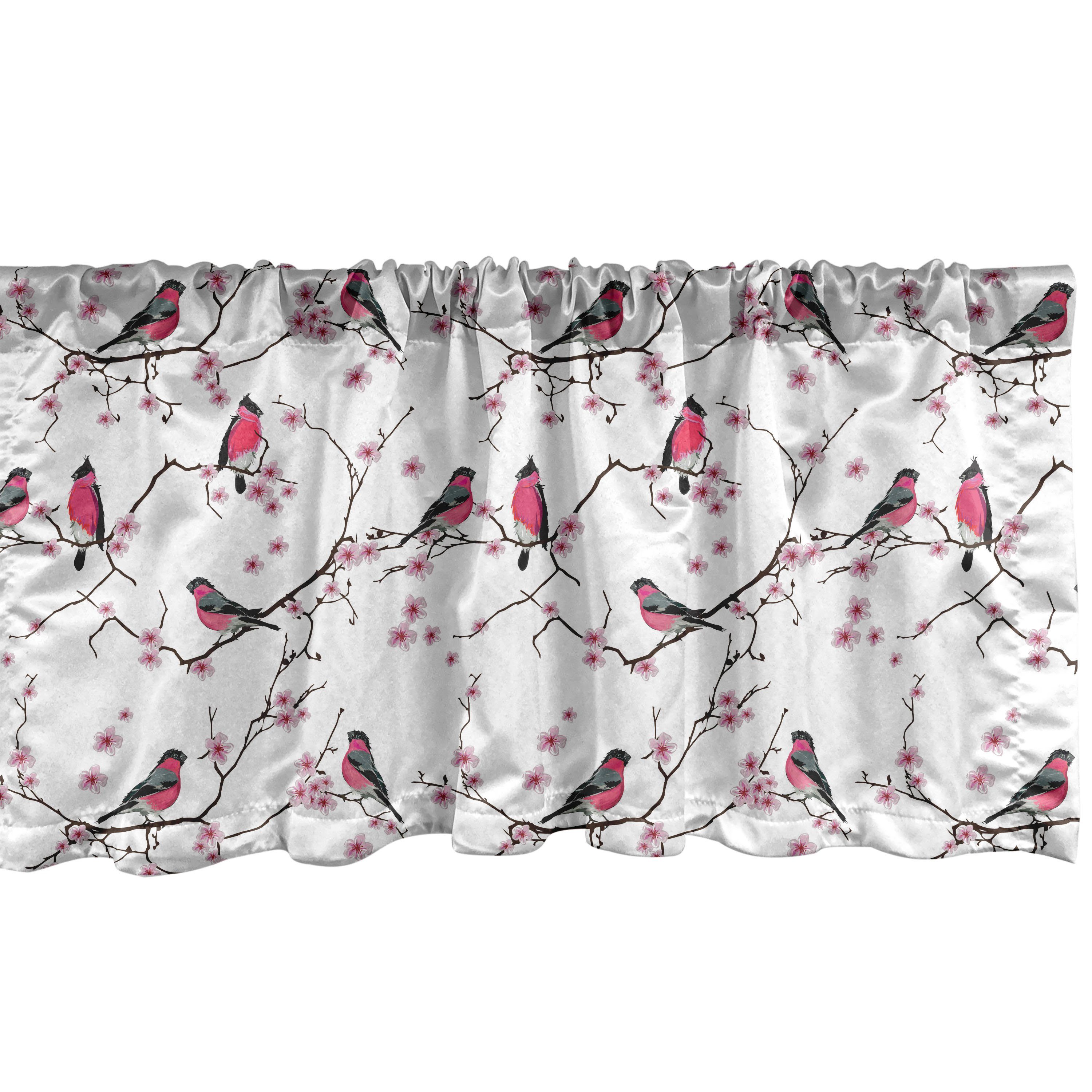 Scheibengardine Vorhang Volant für Küche Schlafzimmer Dekor mit Stangentasche, Abakuhaus, Microfaser, asiatisch Dompfaff Vögel Sakura | Scheibengardinen