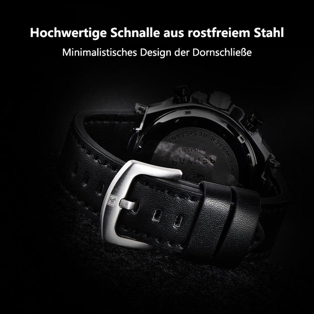 GelldG Uhr Lederarmband Schwarz Casual Weiß, Herrenuhr und wasserdichte Quarzwerk Chronograph