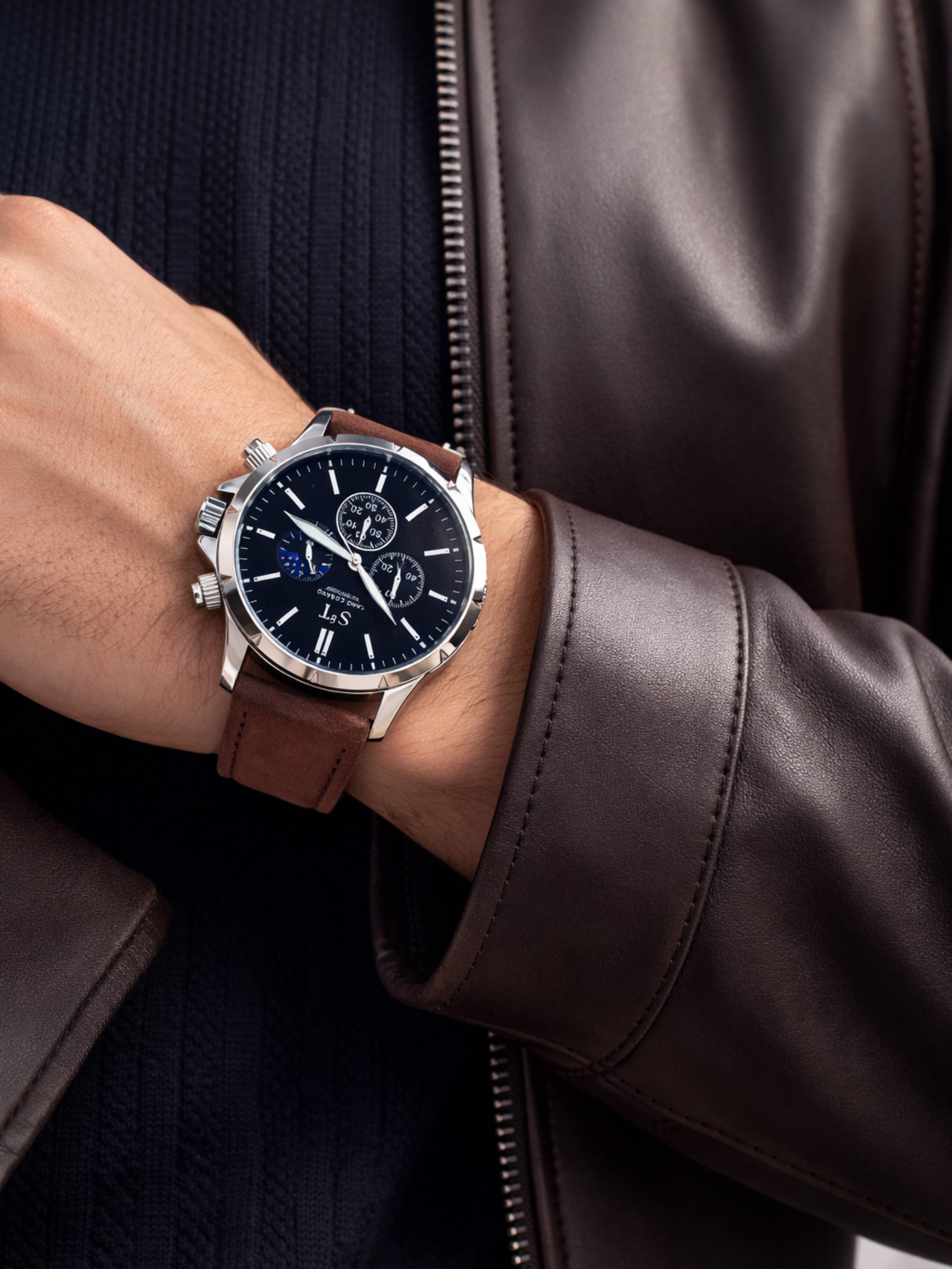 S&T Design Quarzuhr Chronograph Herrenuhr Leder Armbanduhr Braun Edelstahl günstig online kaufen