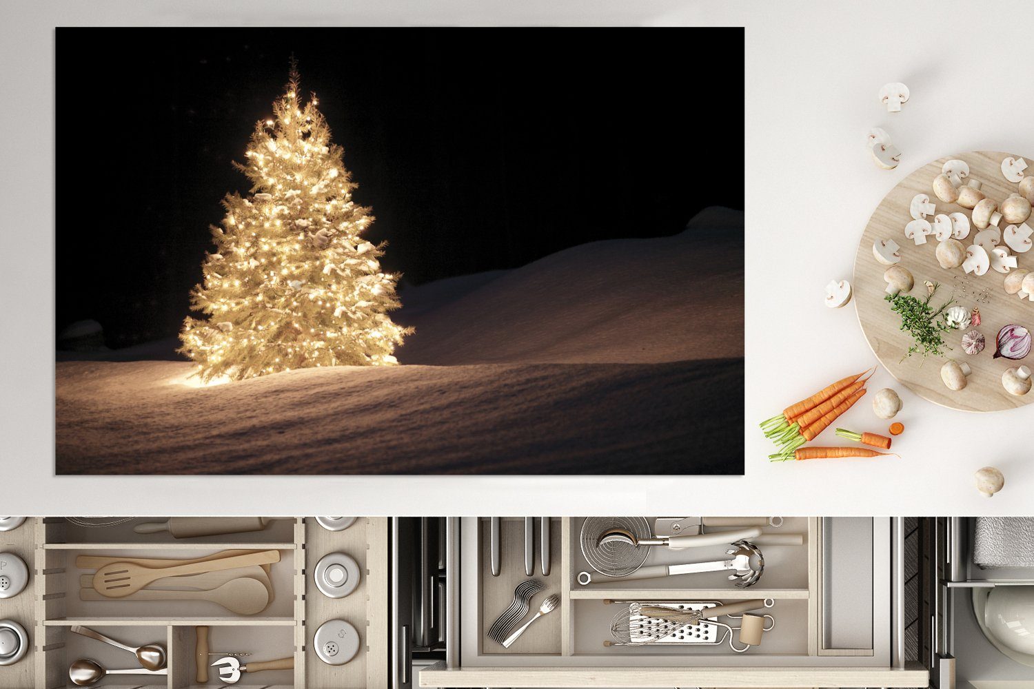 MuchoWow Herdblende-/Abdeckplatte Ein beleuchteter Weihnachtsbaum für bei küche, (1 Nacht, 81x52 cm, Vinyl, Ceranfeldabdeckung Induktionskochfeld tlg), die Schutz