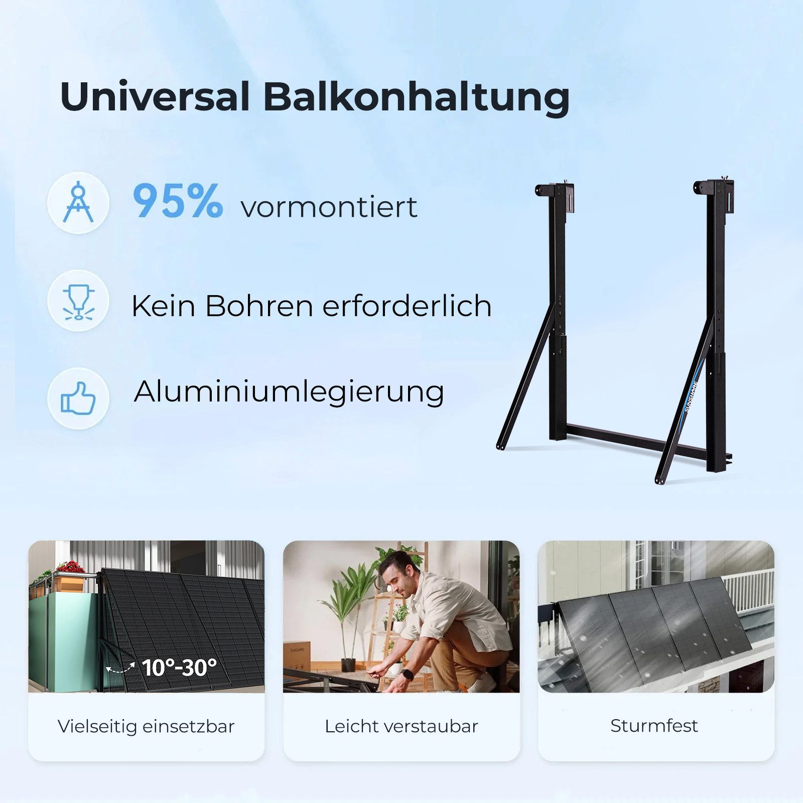 Sunshare Solarmodul-Halterung Universelle Balkonhalterung für Ray 200 W Module, (Universelle Balkonhalterung 10–30° aus 6063‑T6 Aluminium)