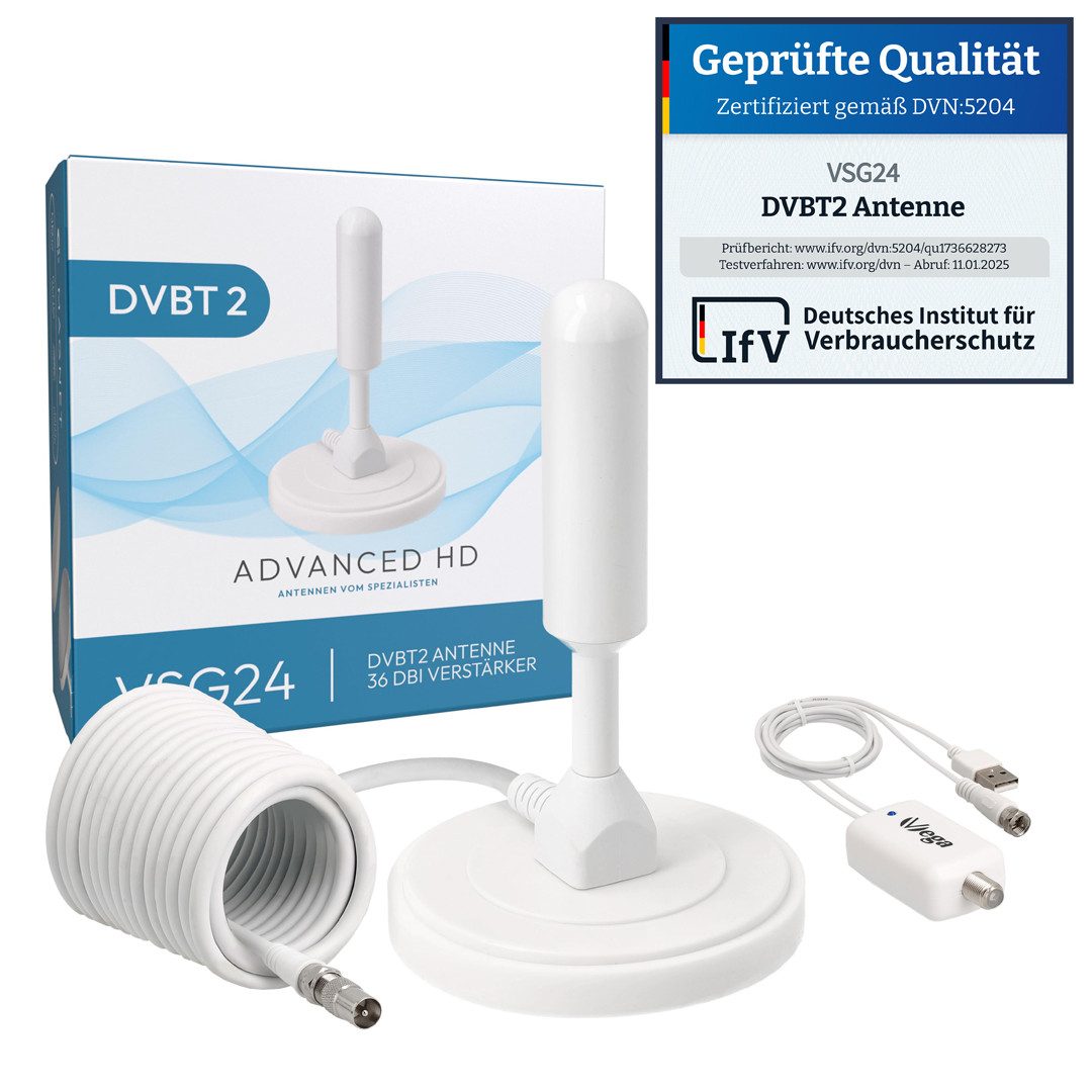 VSG24 DVBT2 Antenne mit Verstärker 36Db HDTV für Fernseher ALU-Kern 5m Kabel Innenantenne (DVBT2 HD), 1086 von VSG24