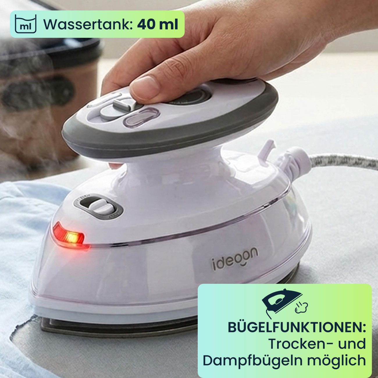 shop'n smile ideoon Dampfbügeleisen Reise-Dampfbügeleisen: Mini-Bügeleisen 110/230V mit Tasche für Urlaub, 499 W, Trocken- und Dampfbügeln möglich