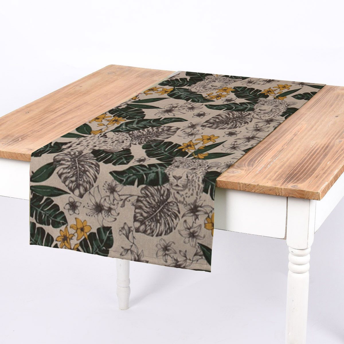 SCHÖNER LEBEN. Tischläufer SCHÖNER LEBEN. Tischläufer Blätter Leopard Dschungel natur grün gel, handmade