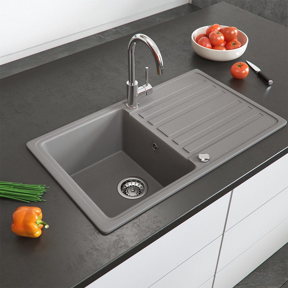 Bergstroem Granitspüle, Beton, 76 x 46 cm mit Trockenplatz, Rechteckig, 76.5/46 cm, beidseitig montierbar