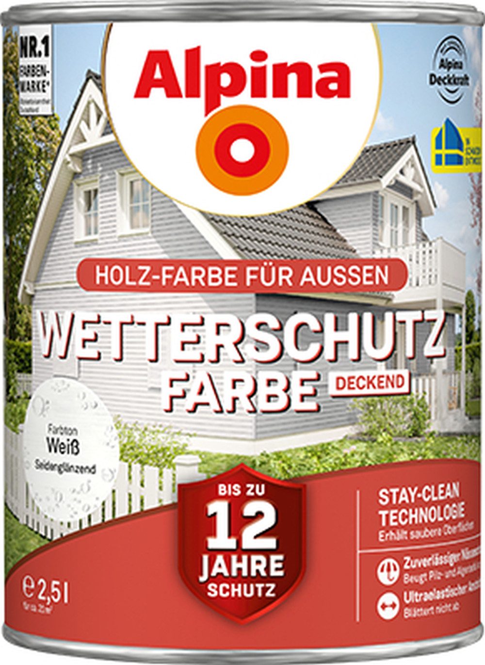 Alpina Wetterschutzfarbe 2,5l, Bis zu 12 Jahre Wetterschutz, Nässeschutz, gegen Pilz- und Algenbefall