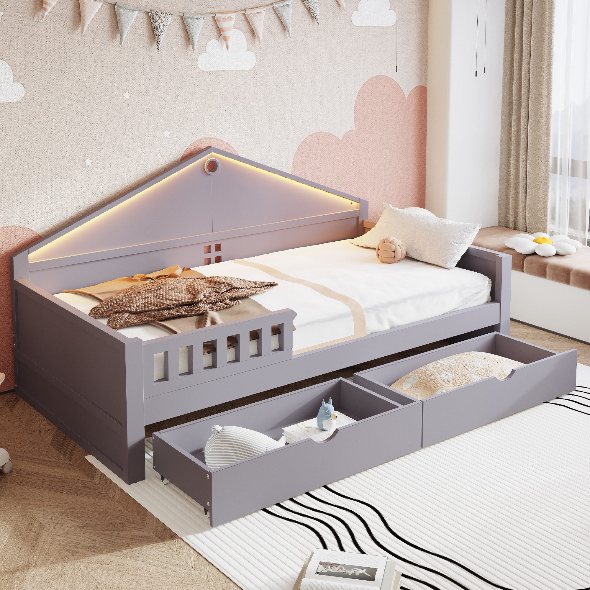 Flieks Kinderbett, Daybett Einzelbett Massivholz 90x200cm mit Lichtleiste & 2 Schubladen