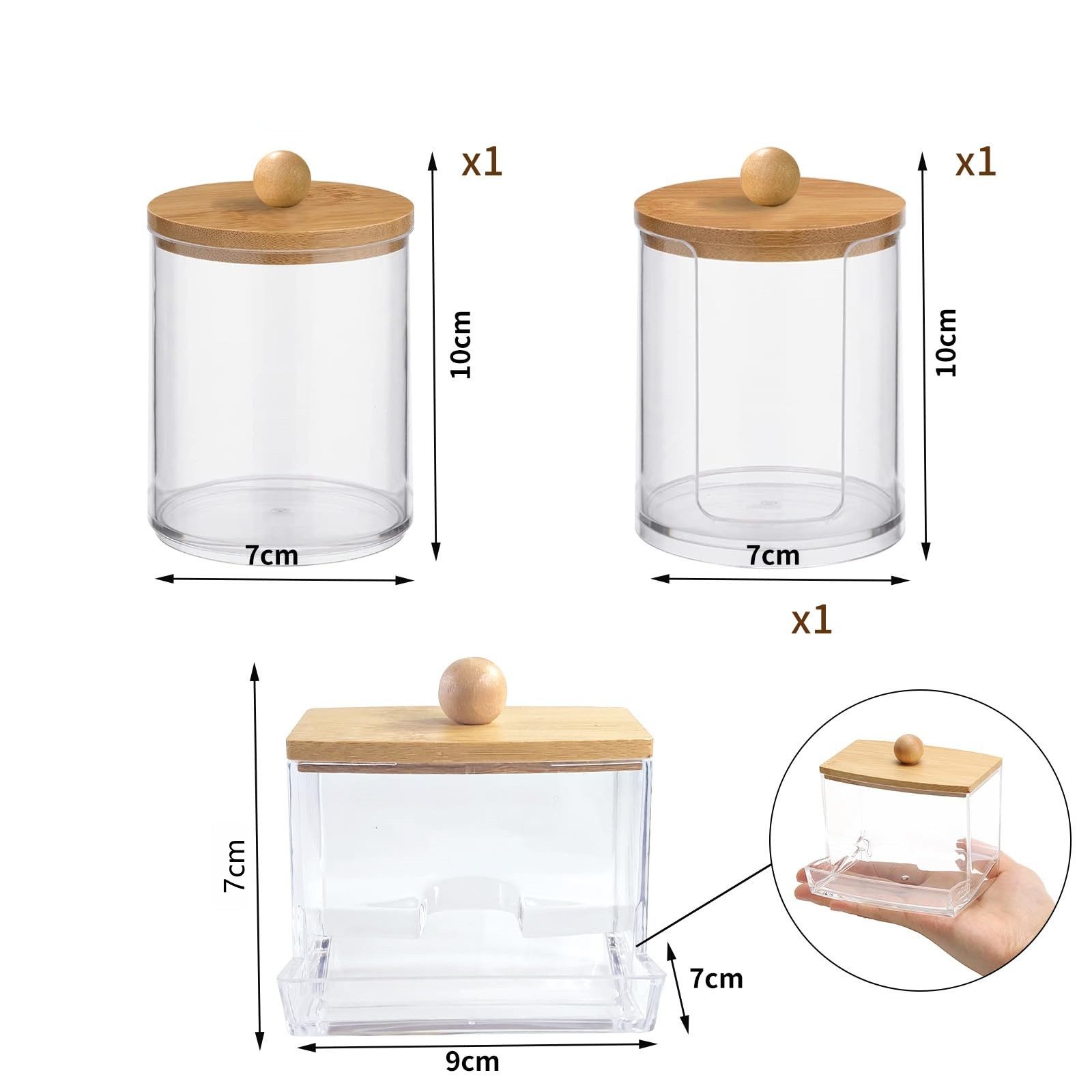 FOUORTUNATE-BEE Wattestäbchenspender 3× Wattepad- & Wattestäbchen-Box mit Bambusdeckel, Transparente Aufbewahrungsdosen für Bad & Schminktisch