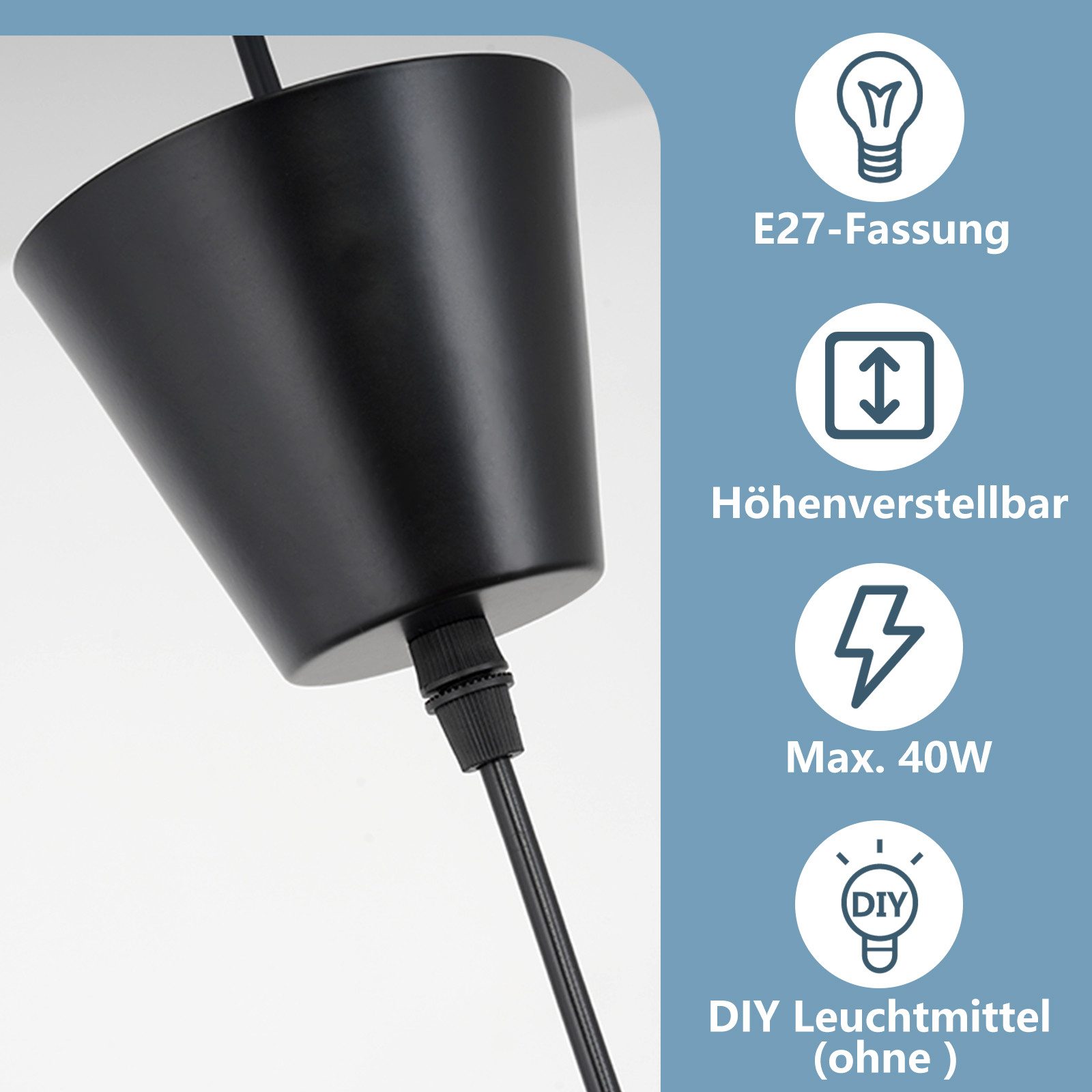 Nettlife Pendelleuchte Vintage Schwarz Esstisch E27 Hängelampe 60/80/100/120/140CM, LED wechselbar, Pendellampe für Wohnzimmer Schlafzimmer Korridor Esszimmer – Bild 4 von 5
