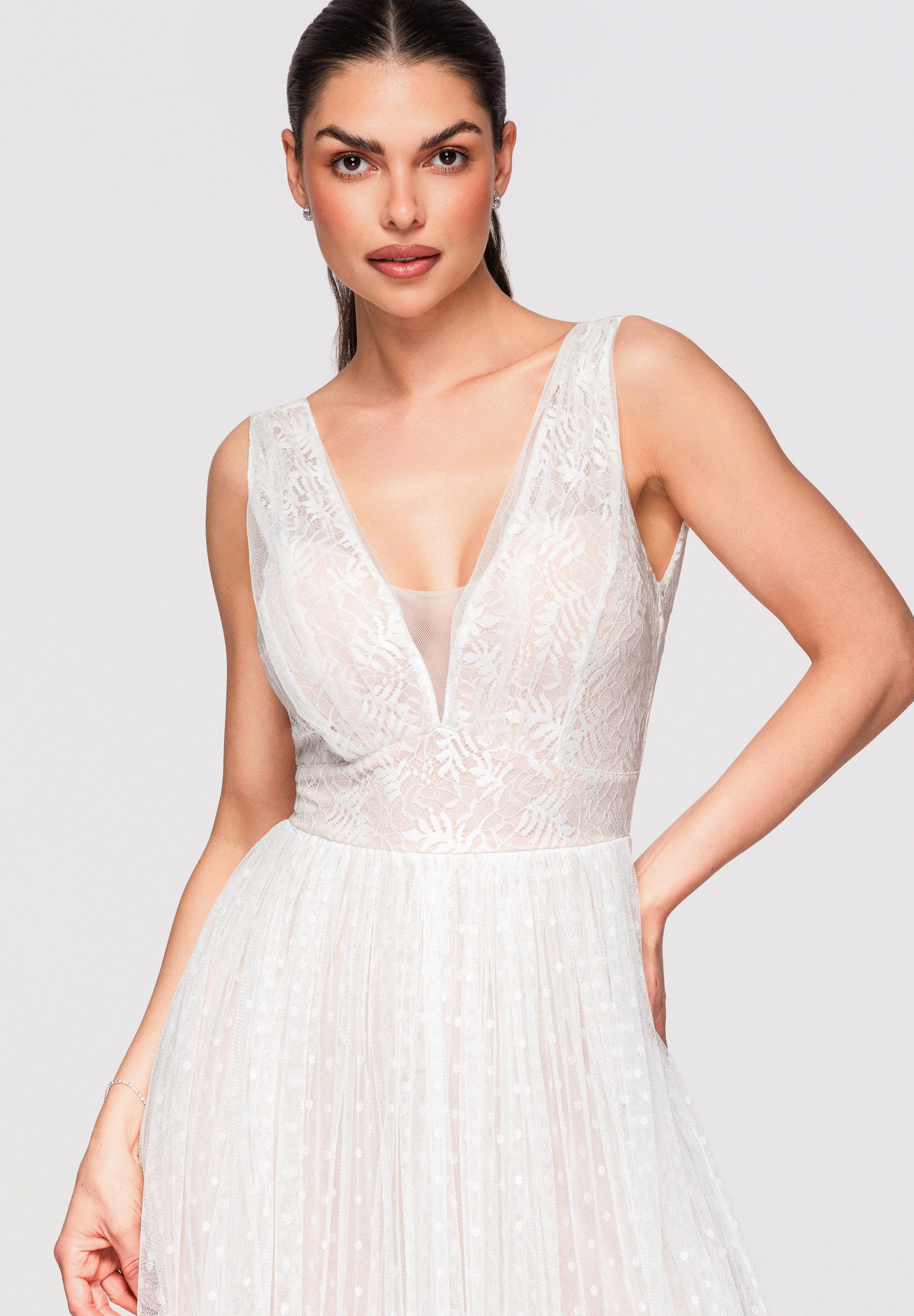 OMBRE Abendkleid Damen Midikleid Spitze Tüll A-Linie Weiß S (kein Set, 1-tlg) Transparente Einsätze, mehrlagiger Rock
