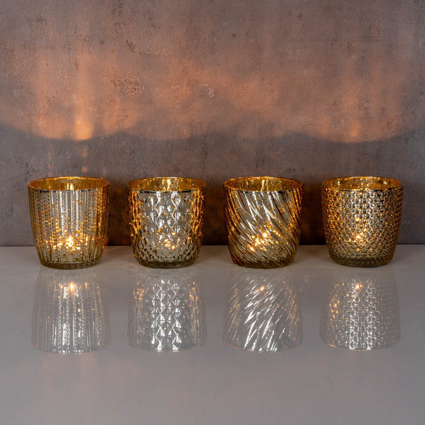 Set Kerzen Tischdeko Gold H9cm Teelichthalter Teelichthalter, 4er Glas Levandeo® Windlicht