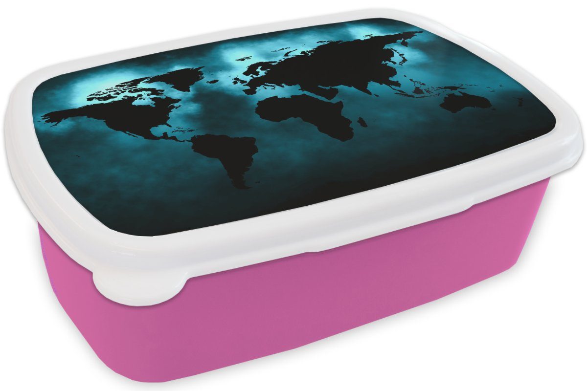 MuchoWow Lunchbox Weltkarte - Schwarz Brotbox - rosa (2-tlg), Kinder, für Blau, Kunststoff, Mädchen, Snackbox, Brotdose Erwachsene, Kunststoff