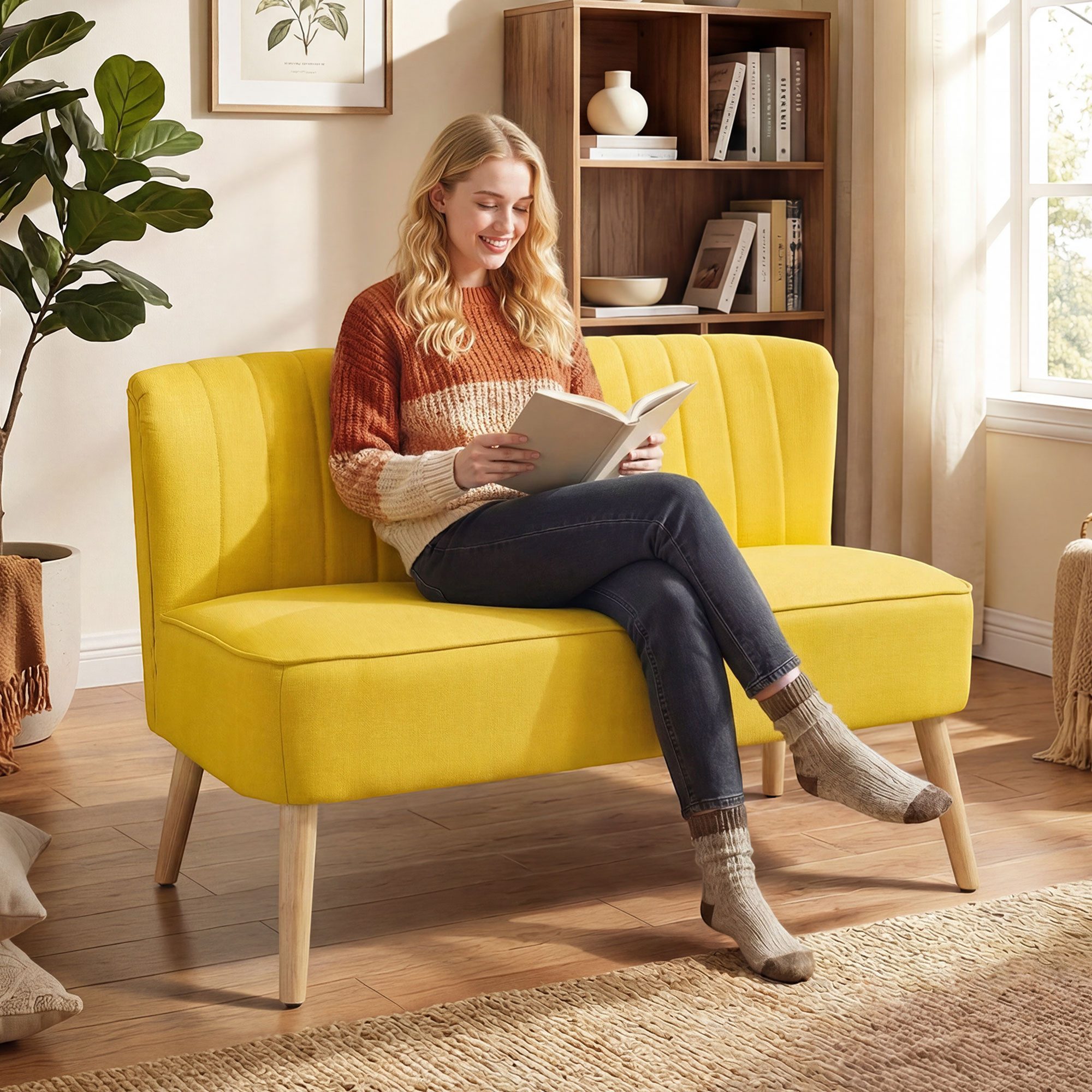 HOMCOM 2-Sitzer Sofa Loveseat mit Leinen-Optik für Schlafzimmer 117x56,5x77cm, Couch 1 Teile, Kompaktes 2-Sitzer Sofa mit Federkern und Massivholzbeinen