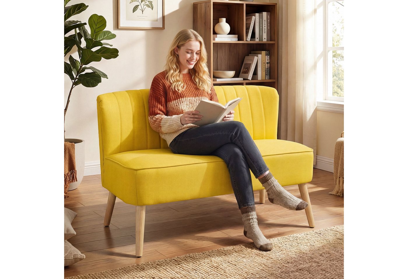 HOMCOM 2-Sitzer Sofa Loveseat mit Leinen-Optik für Schlafzimmer 117x56,5x77cm, Doppelsofa 1 Teile, für Wohnzimmer, Schlafzimmer, 117 x 56,5 x 77 cm, Gelb