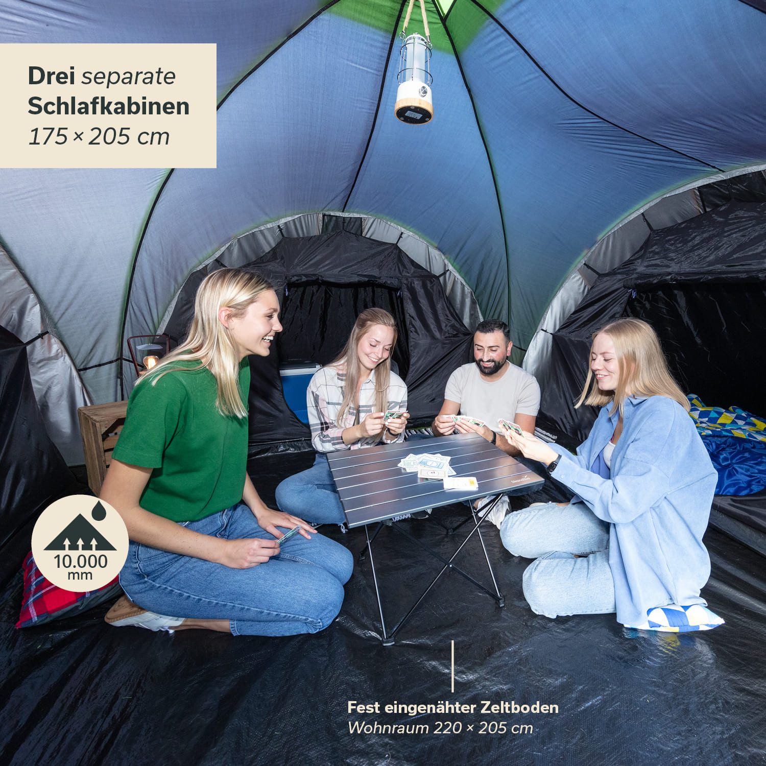 Skandika Kuppelzelt Daytona 6 XL Protect, Familienzelt mit 3 großen Schlafkabinen, Personen: 6 (Gestänge Fiberglas, farbig markiert, Deckenhaken für Campinglampe), eingenähter Zeltboden, wasserdicht, 3000mm Wassersäule, 195cm Stehhöhe