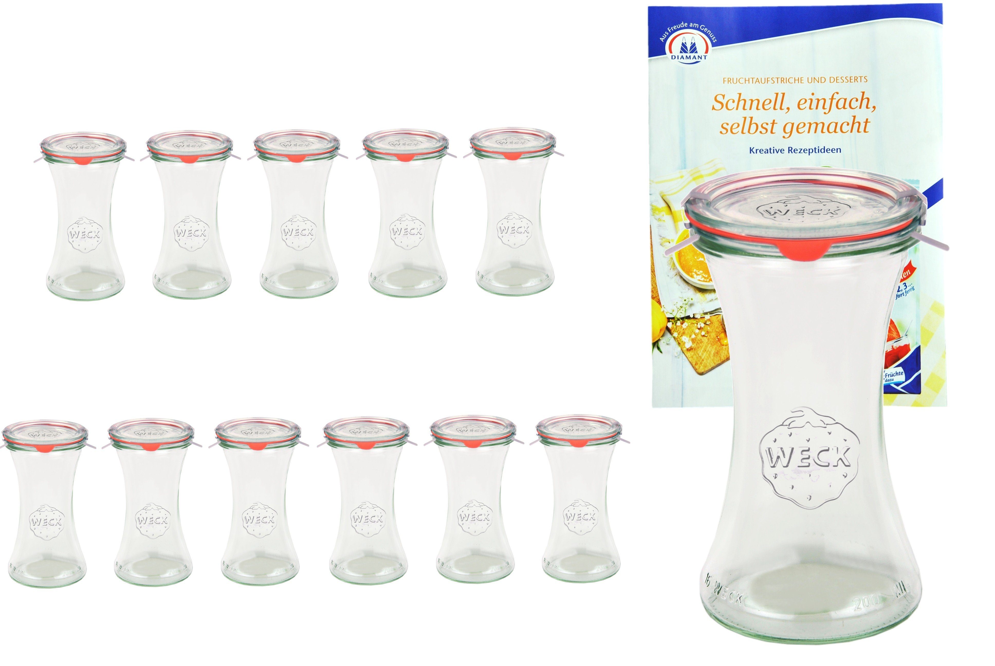 MamboCat Einmachglas 12er Set Weck Gläser 200ml Delikatessenglas Deckel Einkochring Klammer, Glas