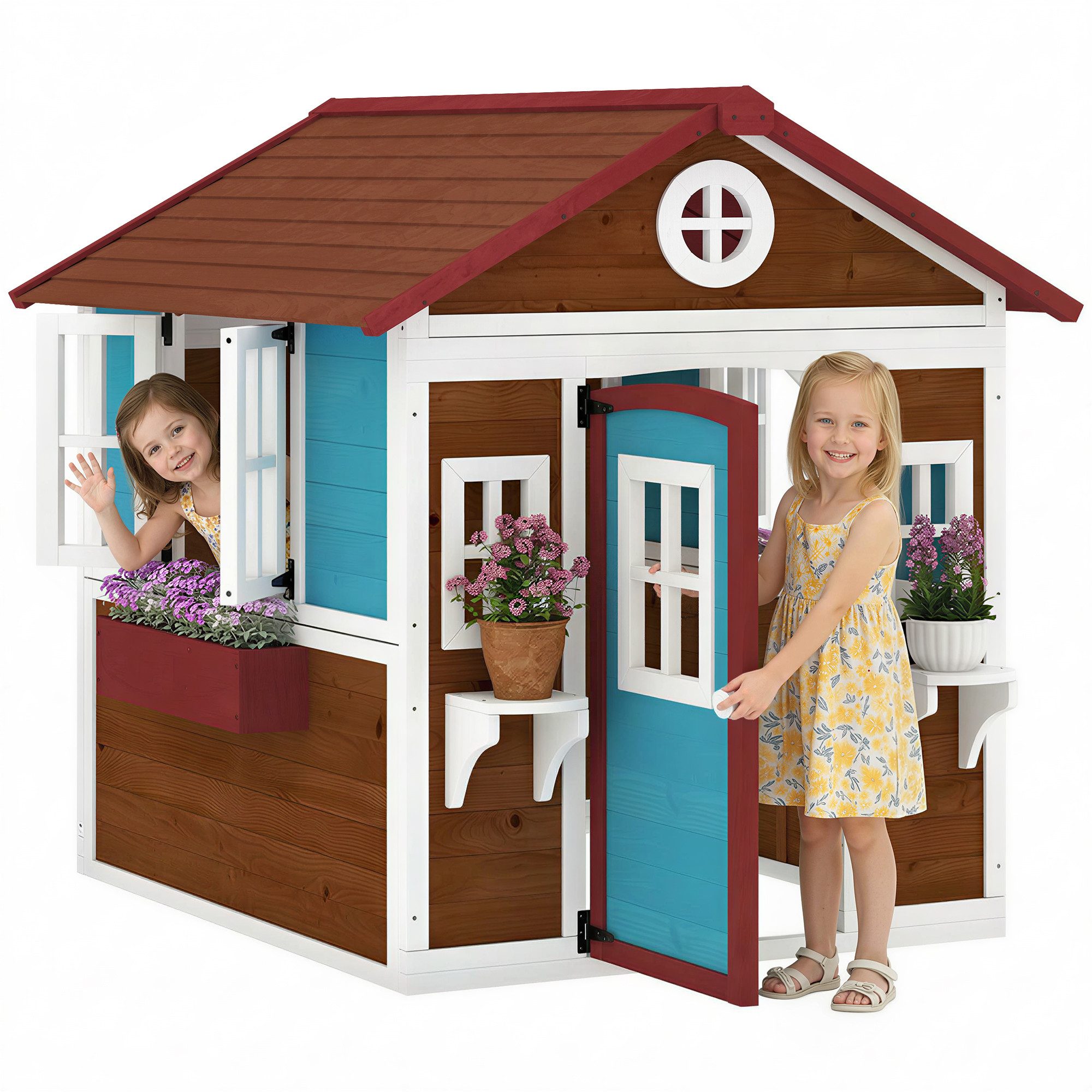 Outsunny Spielhaus Kinderspielhaus aus Holz mit Fenster, Blumenregal, Pflanzenkasten, Tür, Gartenhaus für Kinder 3-8 Jahre Dunkelbraun