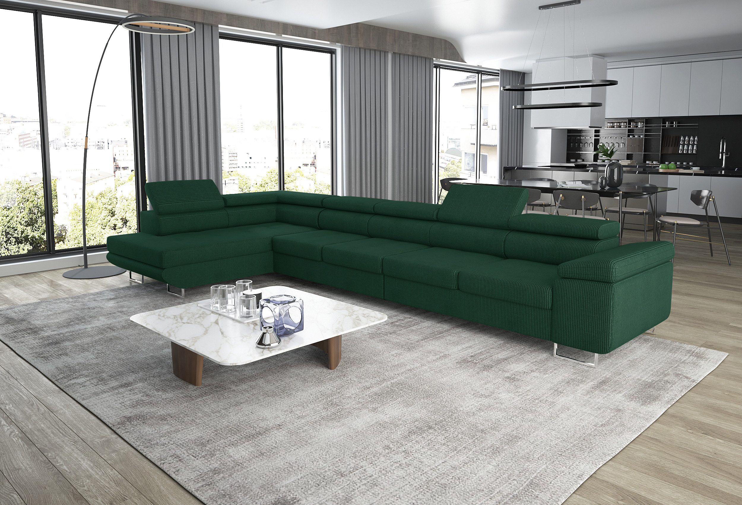 thematys Ecksofa ASTON MAXI 405 x 203cm mit Schlaffunktion & Bettkasten –, L-Sofa mit 5 verstellbaren Kopfstützen, Samt (Monolith), Cord (Poso) - L-Form, XL-Wohnlandschaft, 405 cm breit