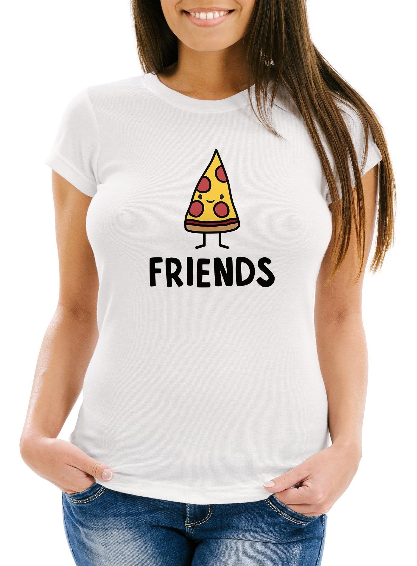 MoonWorks Print-Shirt Damen T-Shirt Pizza Best Friends Forever Slim Fit  Moonworks® mit Print