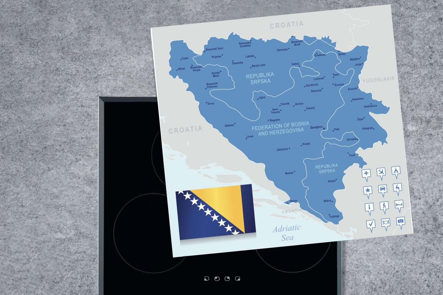 MuchoWow Herdblende-/Abdeckplatte Illustration von Bosnien Arbeitsplatte Vinyl, küche Blau, 78x78 cm, und für (1 tlg), in Ceranfeldabdeckung, Herzegowina