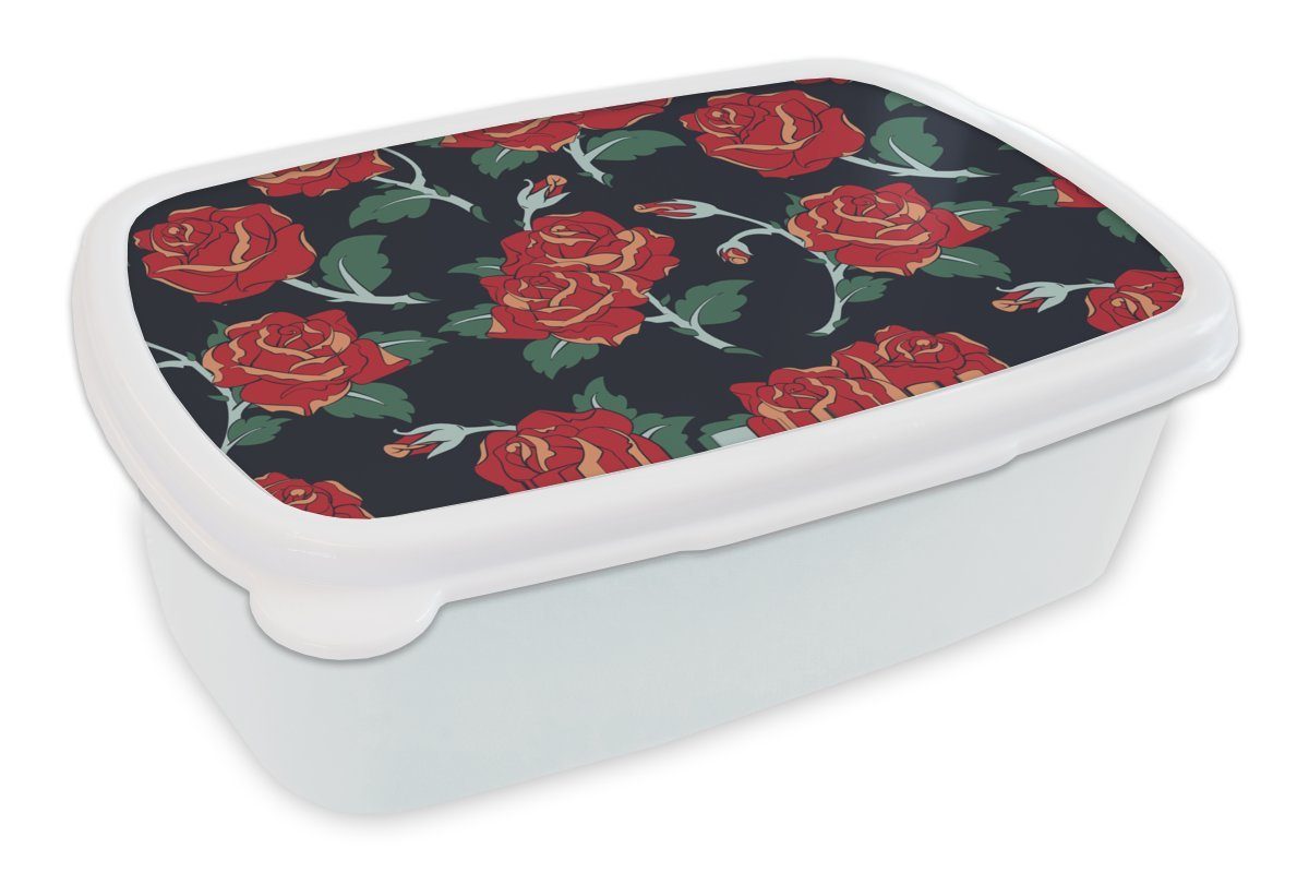 MuchoWow Lunchbox Rosen - Blume - Muster - Rot, Kunststoff, (2-tlg), Brotbox für Kinder und Erwachsene, Brotdose, für Jungs und Mädchen weiß