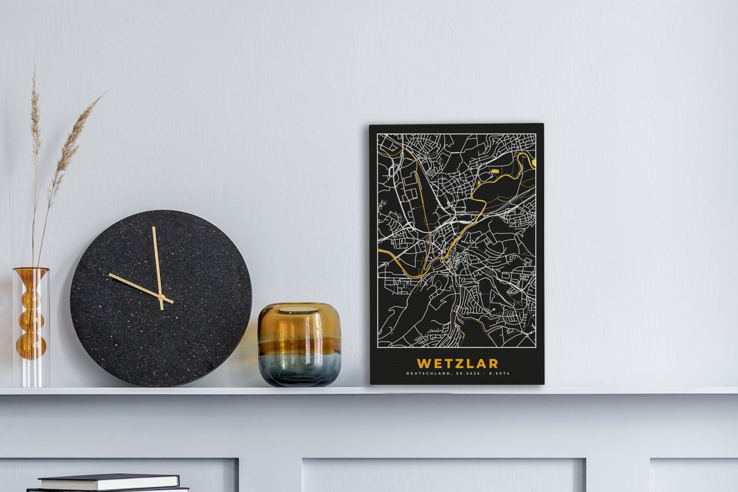 Gold Gemälde, Zackenaufhänger, Stadtplan (1 fertig cm - Schwarz 20x30 Deutschland Wetzlar Leinwandbild St), - OneMillionCanvasses® Leinwandbild bespannt - Gold Karte, inkl. - und -