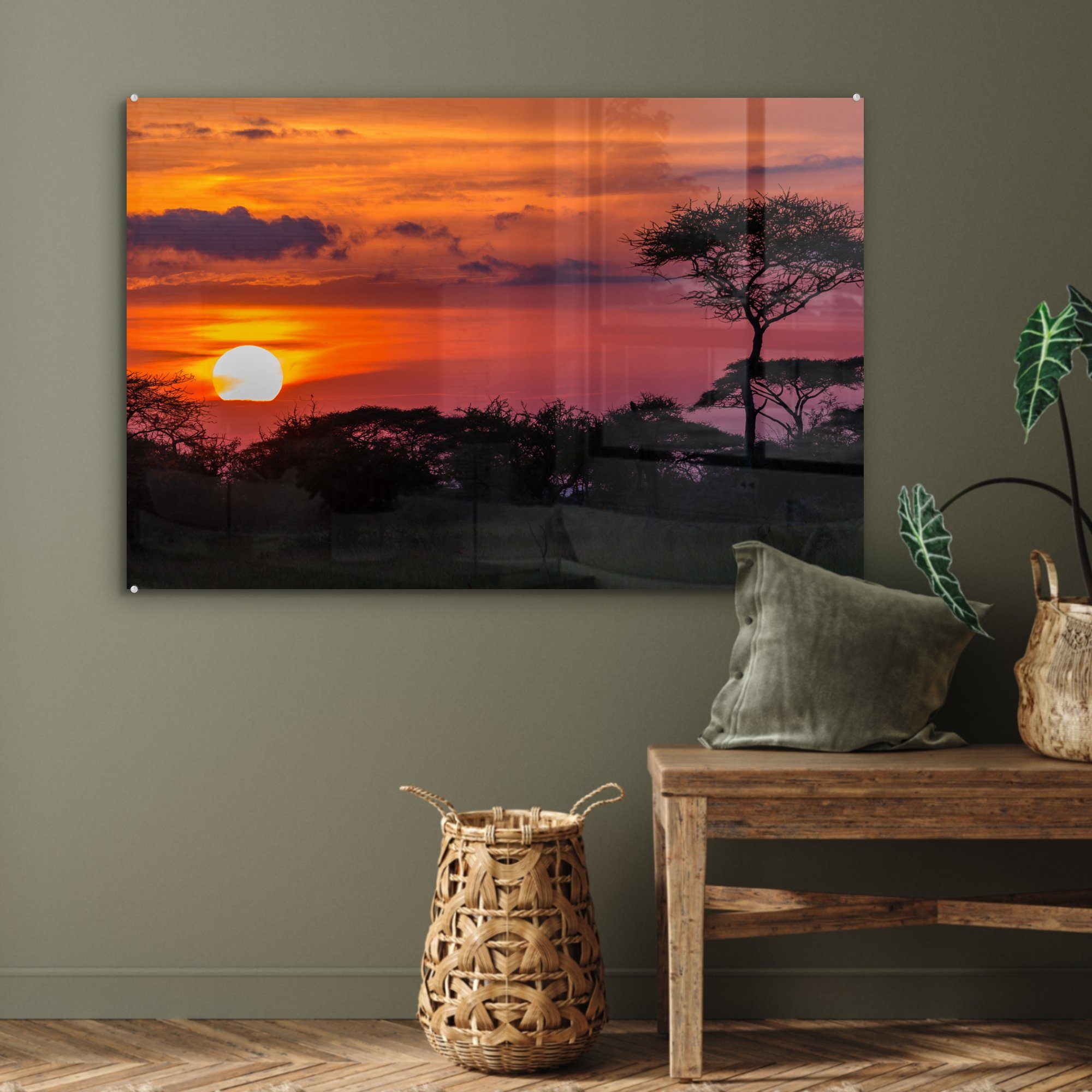 MuchoWow Acrylglasbild Blick auf Acrylglasbilder in Schlafzimmer Serengeti-Nationalpark den & im St), Sonnenuntergang Tansania, (1 Wohnzimmer