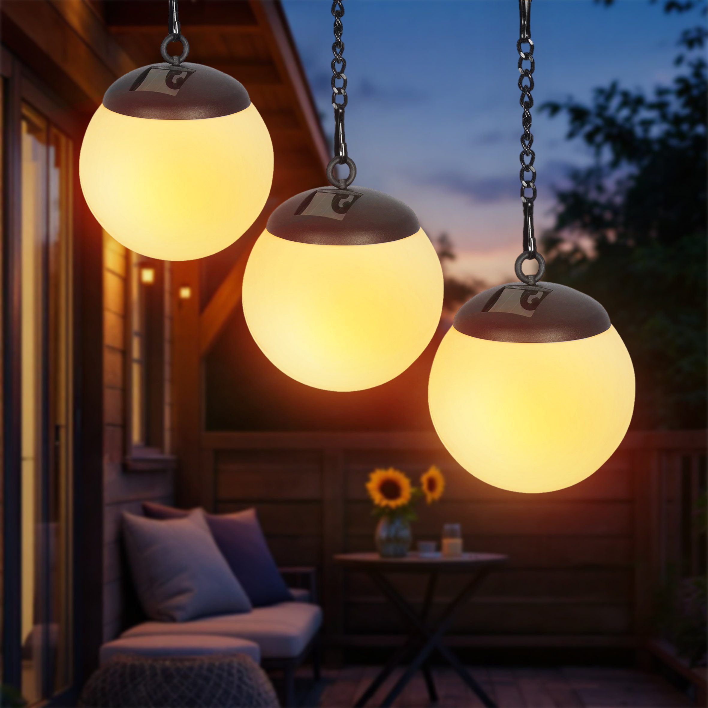 Spetebo LED Solarleuchte Leuchtkugel weiß zum Hängen 29 x 10 cm, 3er Set, LED fest integriert, warm weiß, mit IP44 Spritzwasserschutz – Bild 5 von 5