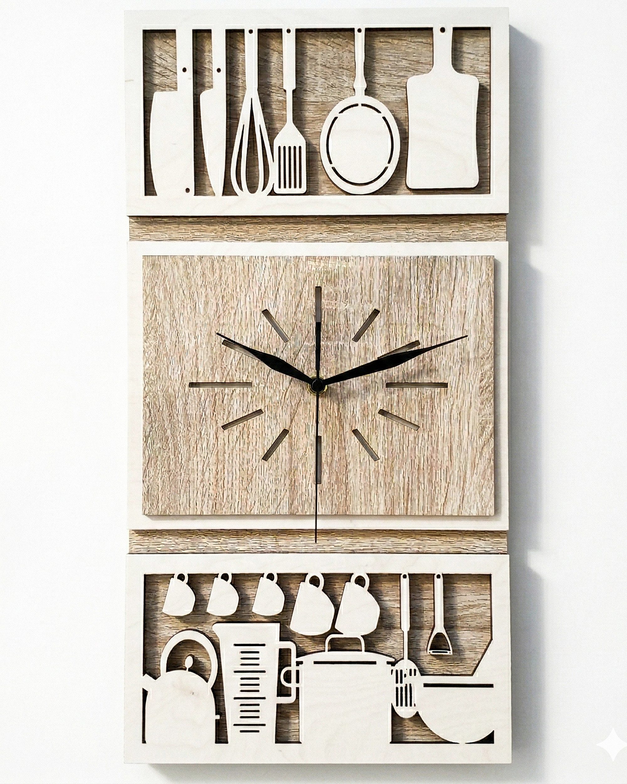 ORNAMENTI Wanduhr Große Küchenuhr, handgefertigte,moderne aus Holz, Hingucker Wanddeko (lautlos, ohne Tickgeräusche für Wohnzimmer, ohne Ziffern)
