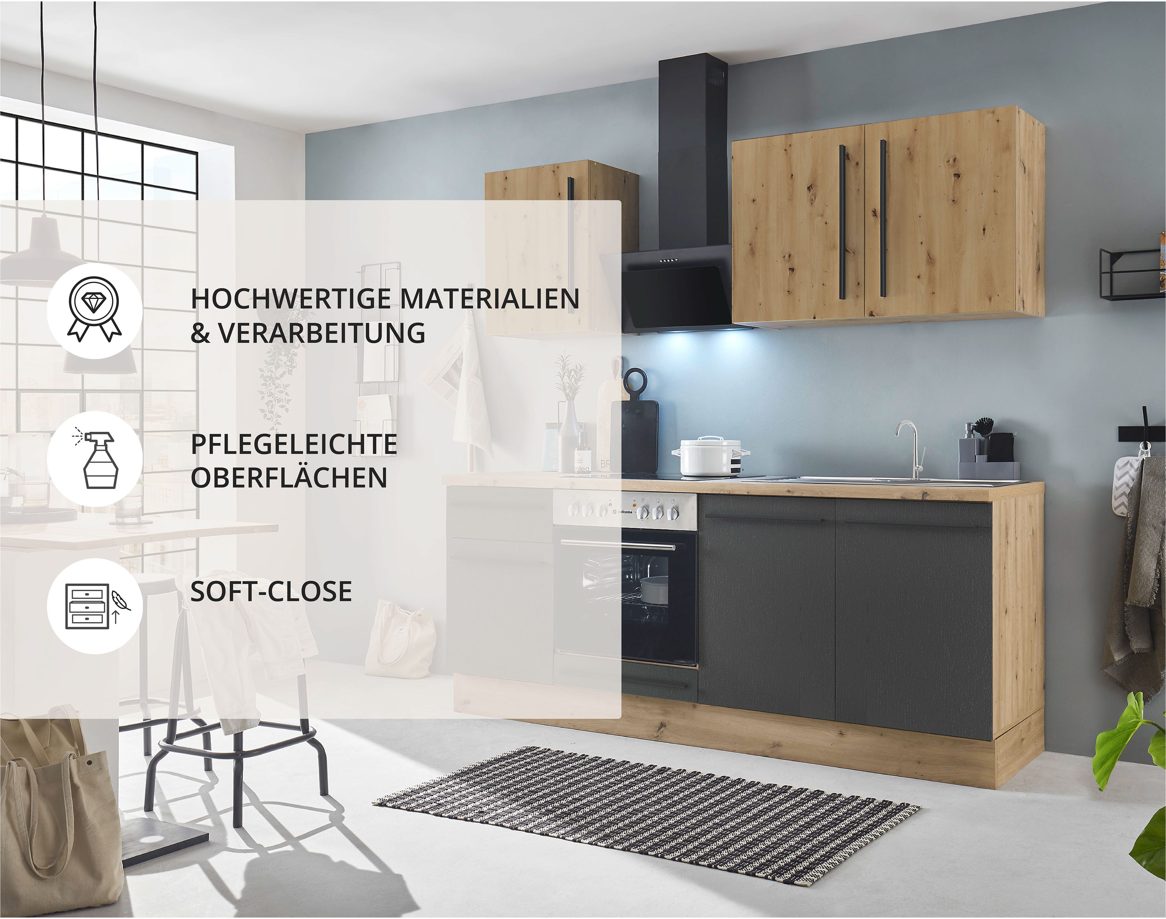 KOCHSTATION Küchenzeile KS-Florida mit 38mm starker Arbeitsplatte, Breite 210 cm, wahlweise mit E-Geräten, mit Soft-Close-Funktion