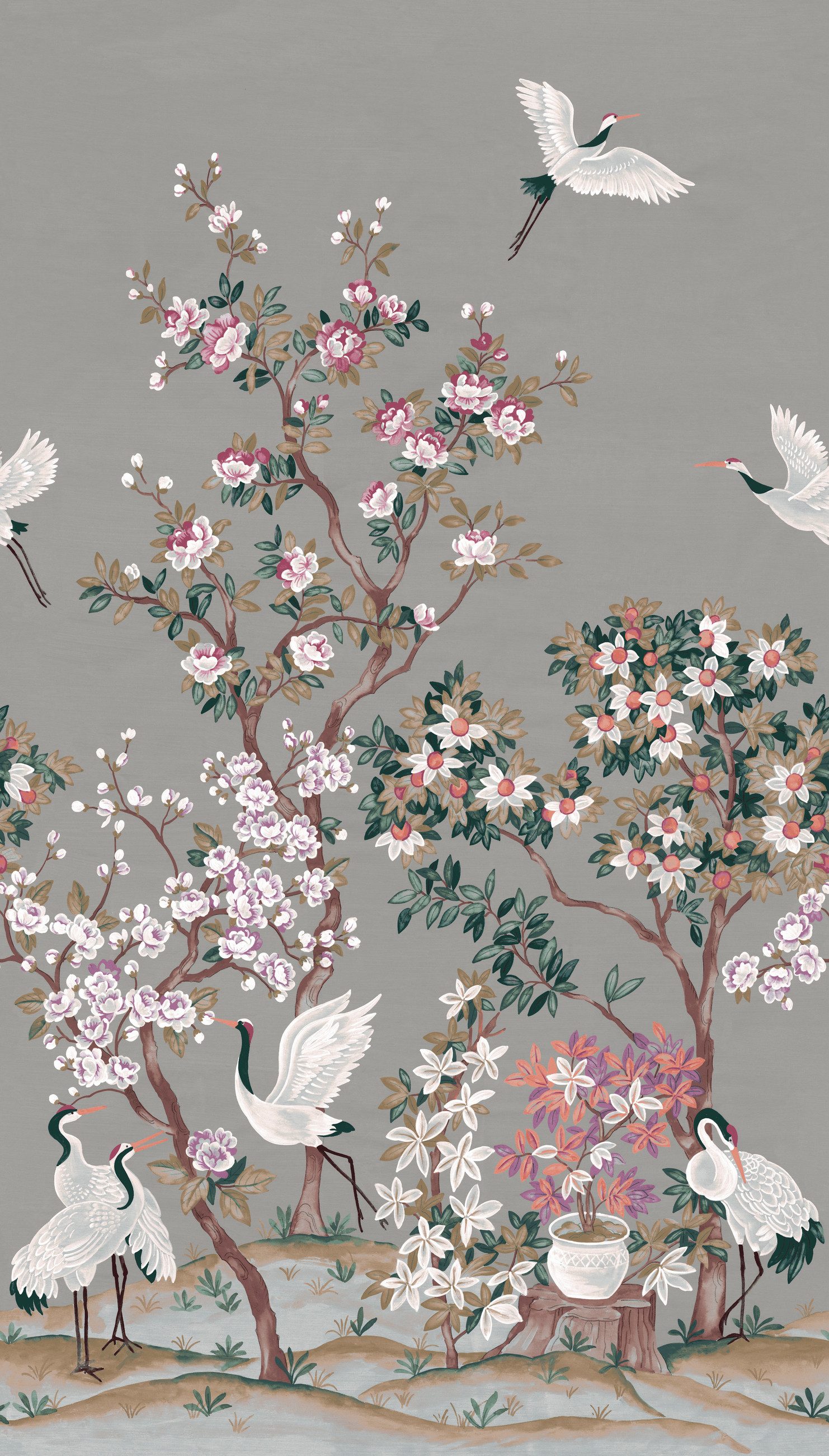 Rasch Fototapete mit Kranichen und Blumen in Grau - 2,80m x 1,59m - Noble Zen, strukturiert, asiatisch, botanisch, (1 St), Kirschblüten