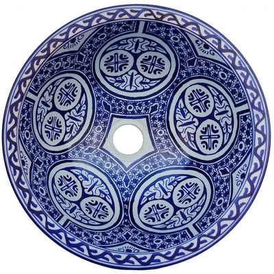 Casa Moro Aufsatzwaschbecken Marokkanisches Keramik-Waschbecken Fes12 Ø 35cm blau weiß rund (handgefertigtes handbemaltes Aufsatzbecken Handwaschbecken), wie aus 1001 Nacht WB012