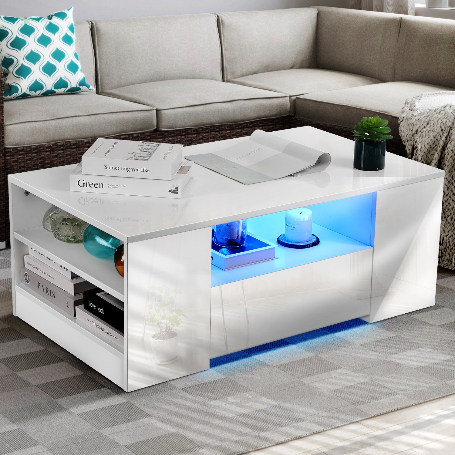 oyajia Couchtisch Hochglanz couchtisch Sofatisch mit LED-Beleuchtung Verstellbare Farben (1-St, Modern Sofatisch Wohnzimmertisch mit 2 Schublade und 2 Regalsofa), Beistelltisch, mit Stauraum, für Wohnzimmer, Schlafzimmer, 99x55x37cm
