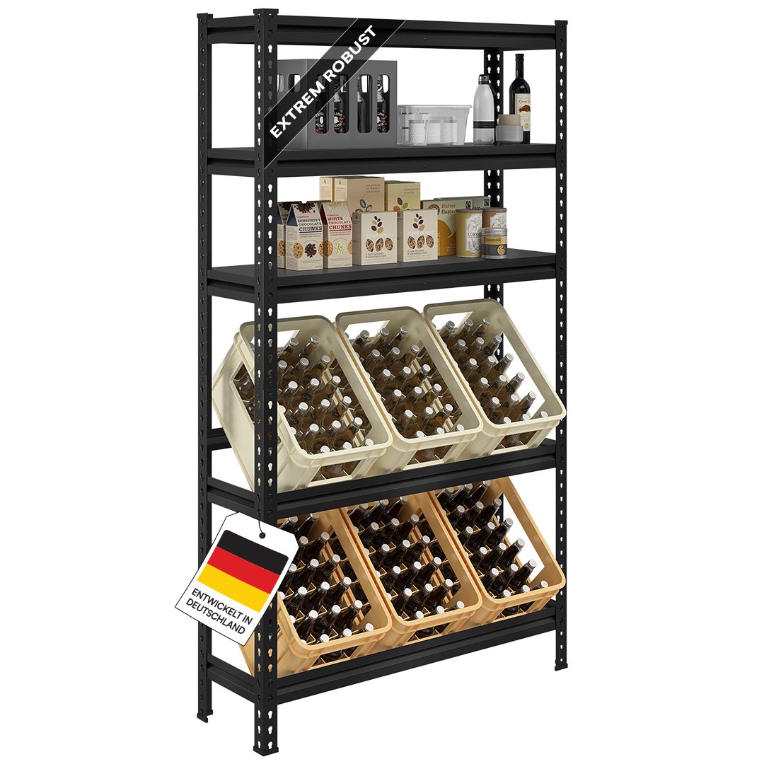 STEELSØN Flaschenregal Tarf für 6 Getränkekisten mit 3 Ablagen, Getränkeregal Metall, Schwarz, stabiles Kistenregal, Kastenständer HWR/Keller, 100x30x180 cm