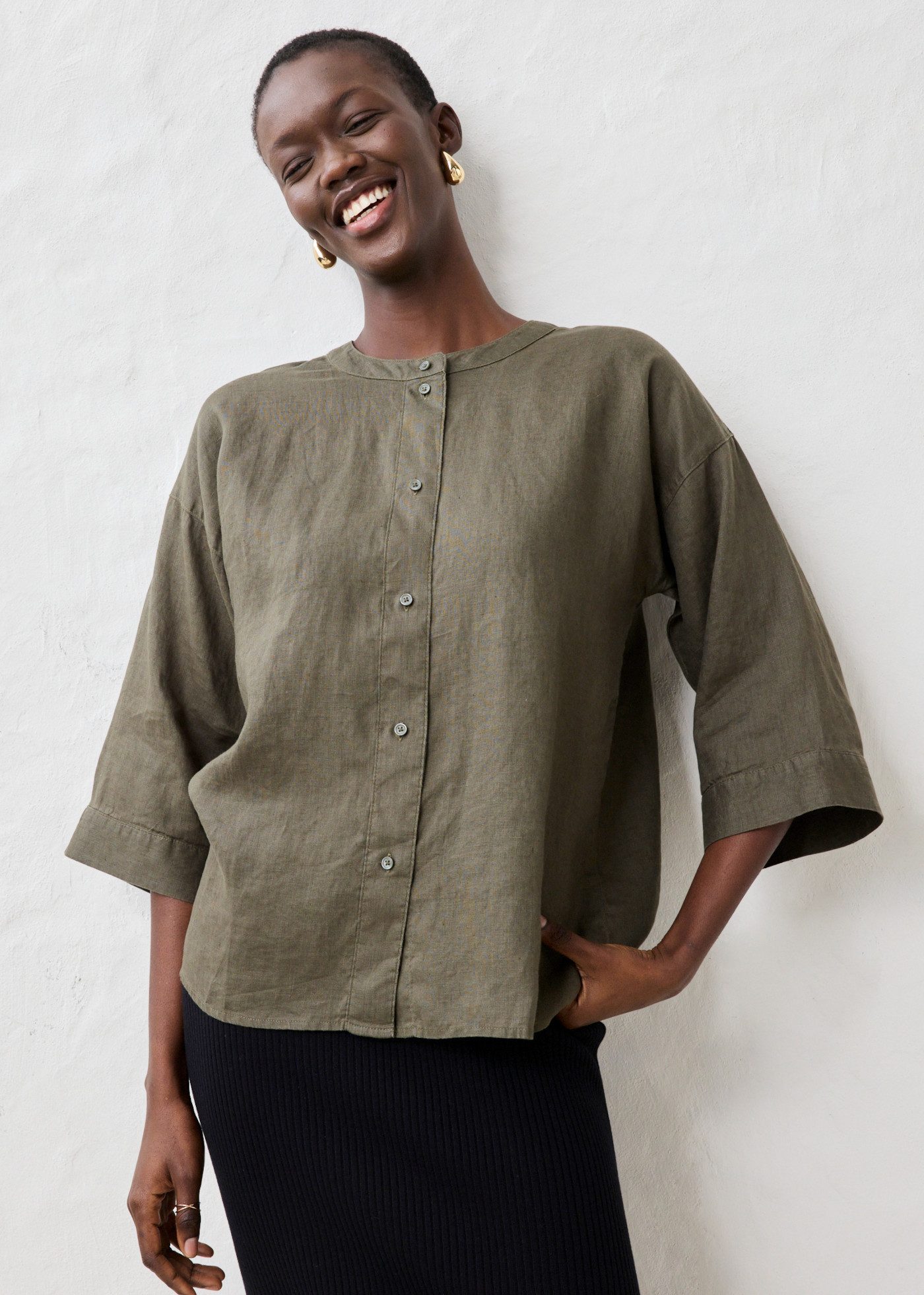 bonprix Shirtbluse Oversize-Passform, aus Leinen, strukturierte Oberfläche, 3/4-Ärmel