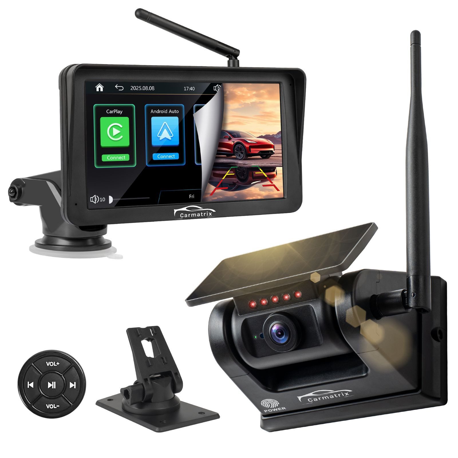 CARMATRIX SC50U Rückfahrkamera (HD Solar Funk Rückfahrsystem mit CarPlay Android Auto Rückfahrkamera, Akku Magnet Halterung mit Solarpanel, 7" Touchscreen HD IPS Monitor)