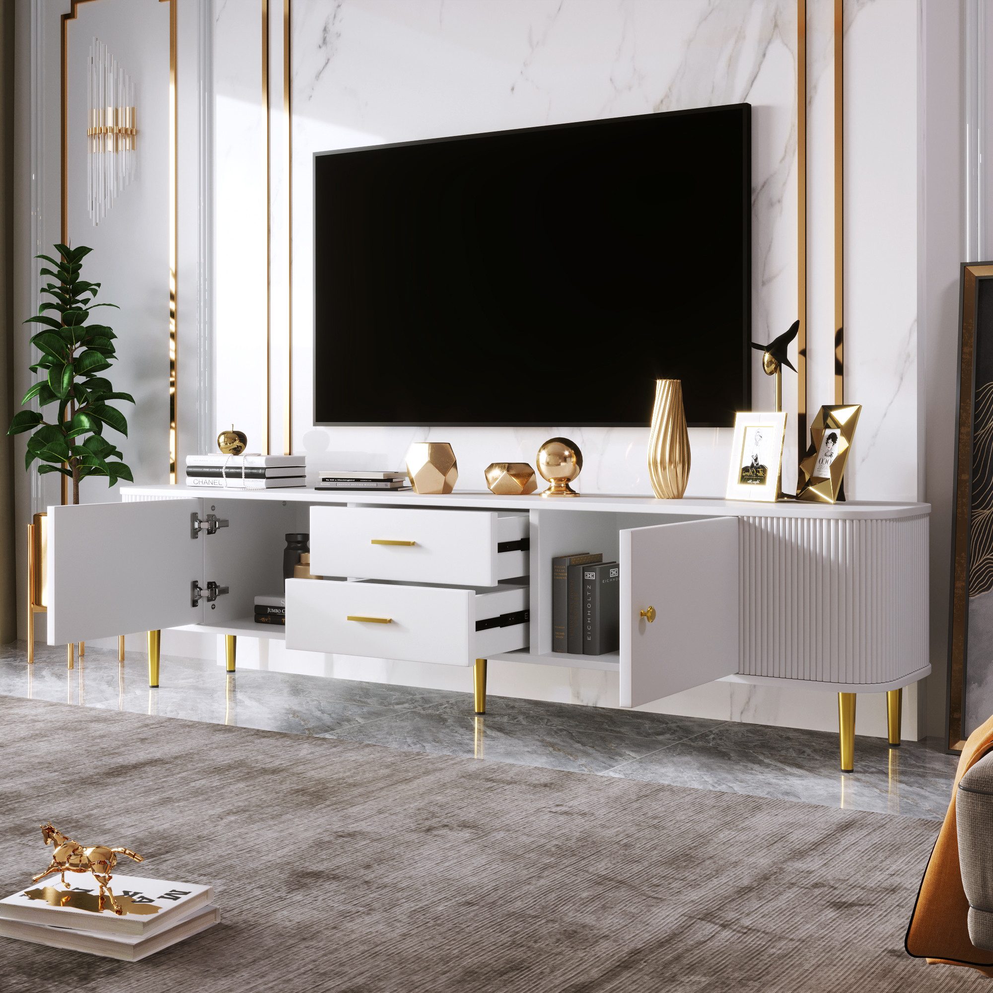 Merax Lowboard mit Schubladen, TV-Schrank mit gewellten Seiten und Beinen, günstig online kaufen