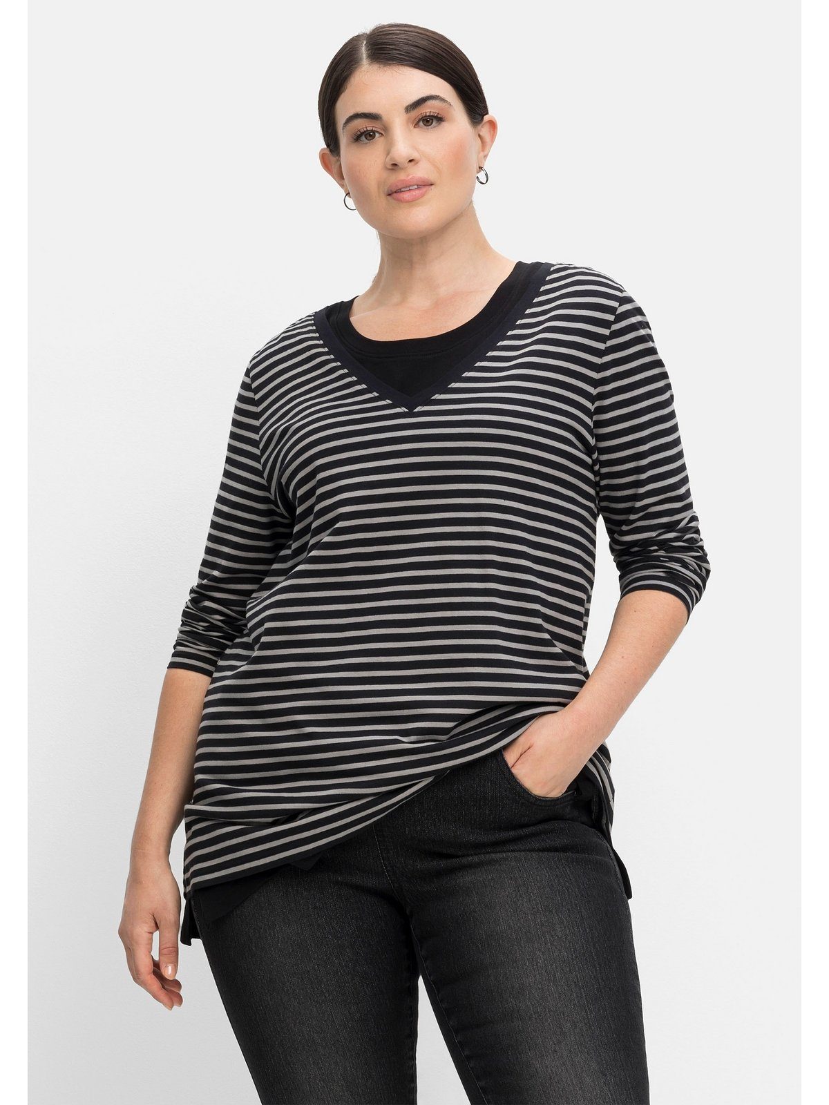Sheego 2-in-1-Shirt Große Größen Set, Layering-Look im gestreift als schwarz