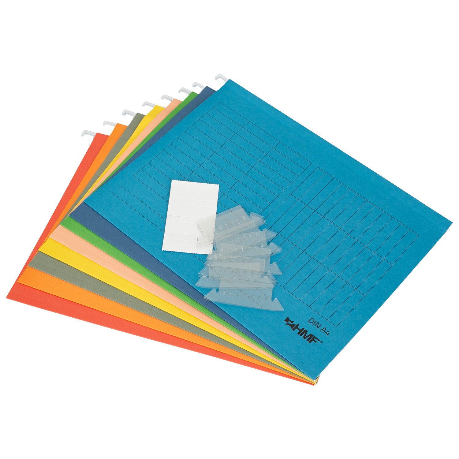 HMF Hängeregistereinsatz Hängeregister Mappen für Dokumente, Hängemappen DIN A4 (8 St., Set, versch. Farben), mit Vollsichtreitern inkl. Beschriftungsschilder, 31,4 x 24 cm, Bunt