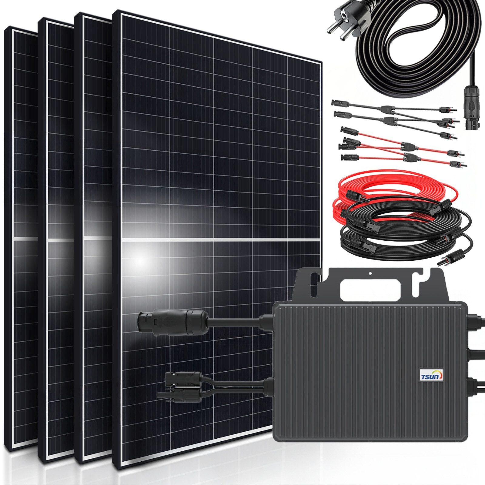 SUNNIVA Balkonkraftwerk 1800W/800W komplett Steckdose, (TSUN 800W Wechselrichter - PV Solaranlage Komplettset - 4x 450W (1800W) Solarmodule - inkl. 5m Kabel - Bluetooth, WIFI)