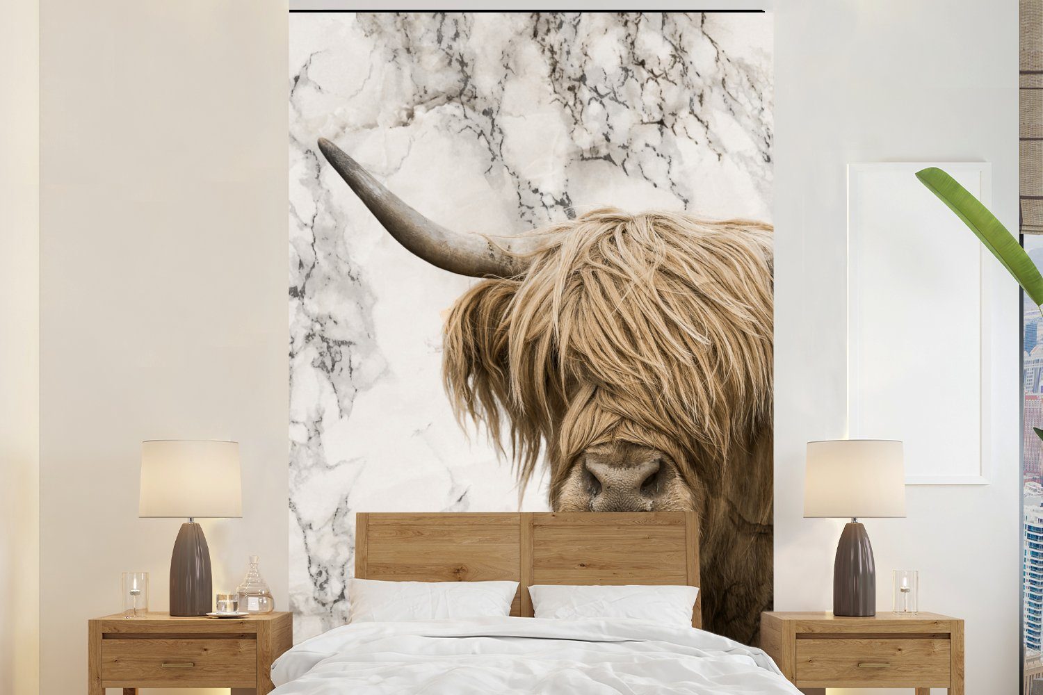 MuchoWow Fototapete Schottischer Highlander - Kuh - Marmor, Matt, bedruckt, (3 St), Montagefertig Vinyl Tapete für Wohnzimmer, Wandtapete