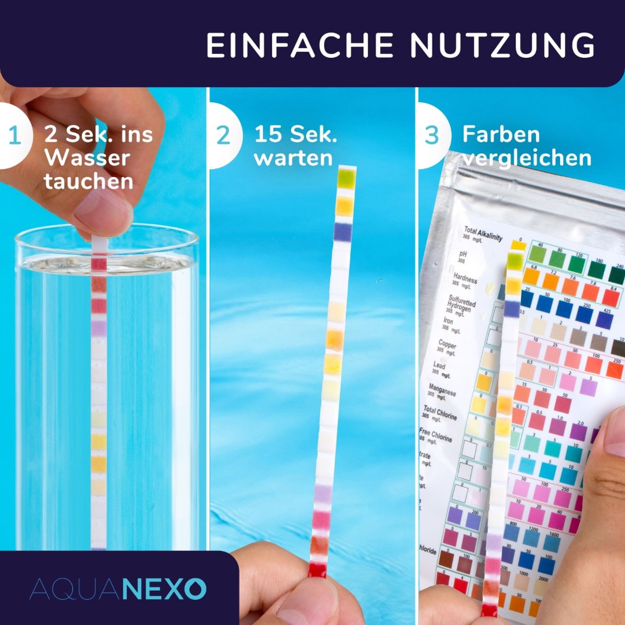 AquaNexo Trinkwassertest Teststreifen 16-in-1 Trinkwassertest pH Wasserhärte 50 st. – Bild 4 von 5