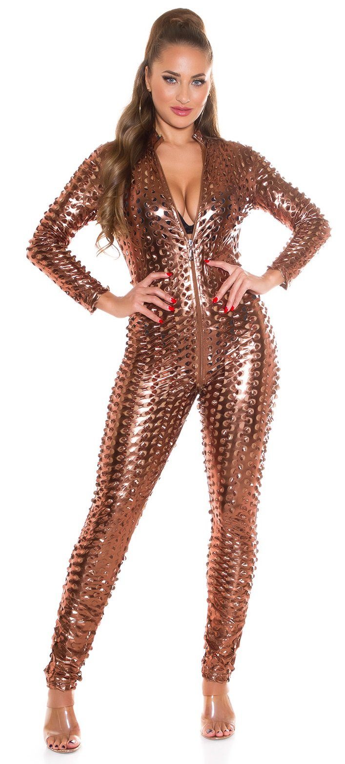 Koucla Overall Wetlook Jumpsuit mit 2-Wege-Reißverschluß bronze