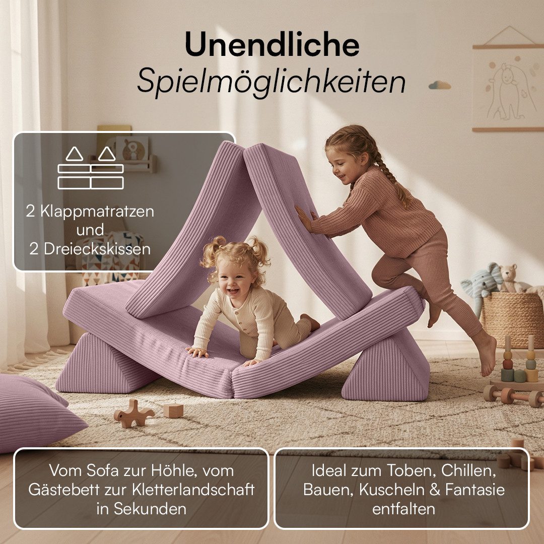 Bellabino Kindersofa Nile aus Schaumstoff Teilen, modulare Kindercouch aus Cord, Lila, Maxi-Variante, faltbare Kinderspielcouch, Cordbezug, abnehmbar, waschbar 160x52x75cm