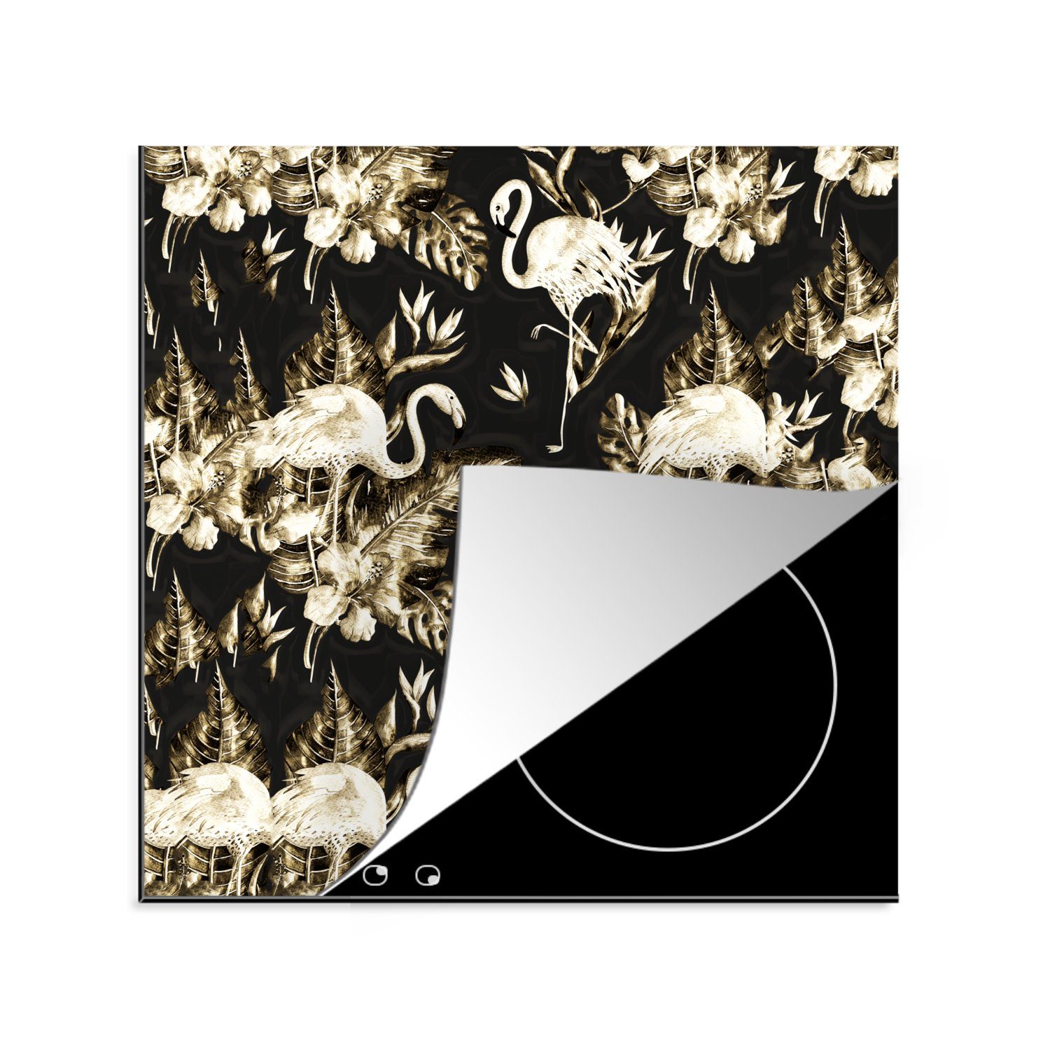 Muster, - Blumen - - küche Gold Flamingo MuchoWow 78x78 (1 cm, Herdblende-/Abdeckplatte für Ceranfeldabdeckung, Vinyl, tlg), Arbeitsplatte